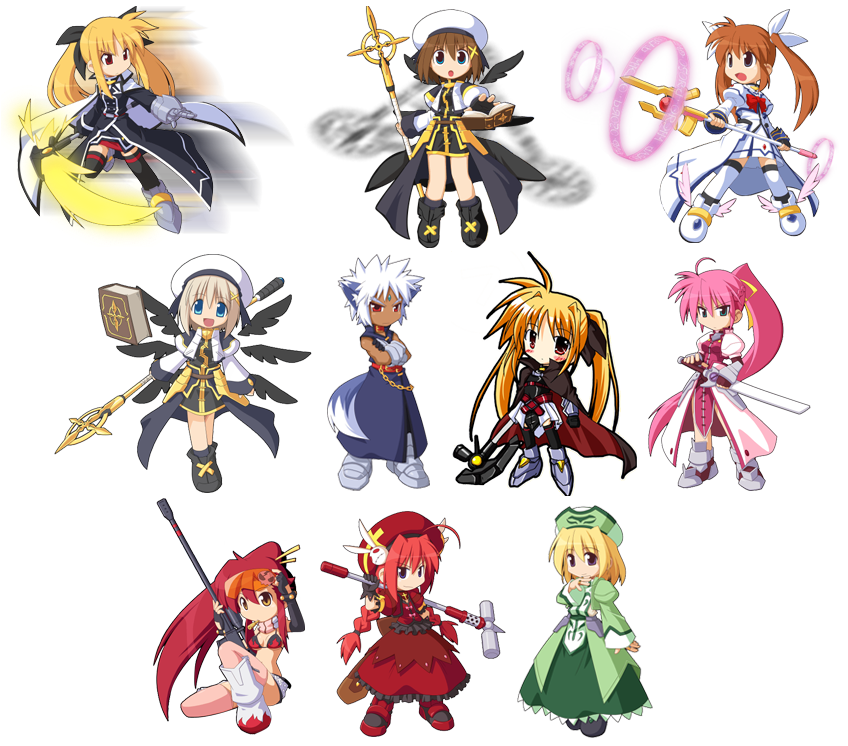 bardiche (assault form) (nanoha), bardiche (haken form) (nanoha), bardiche (nanoha), fate testarossa, fate testarossa (impulse form), fate testarossa (lightning form), graf eisen, klarwind, laevatein (nanoha), raising heart, raising heart (buster mode), schwertkreuz, shamal, signum, takamachi nanoha, takamachi nanoha (aggressor mode), tome of the night sky, vita (nanoha), yagami hayate, yoko littner, zafira, lyrical nanoha, mahou shoujo lyrical nanoha, mahou shoujo lyrical nanoha strikers, tengen toppa gurren lagann, 00s, 1boy, 6+girls, blonde hair, chibi, magical boy, multiple girls, neffy, ponytail, thighhighs, unison (nanoha)