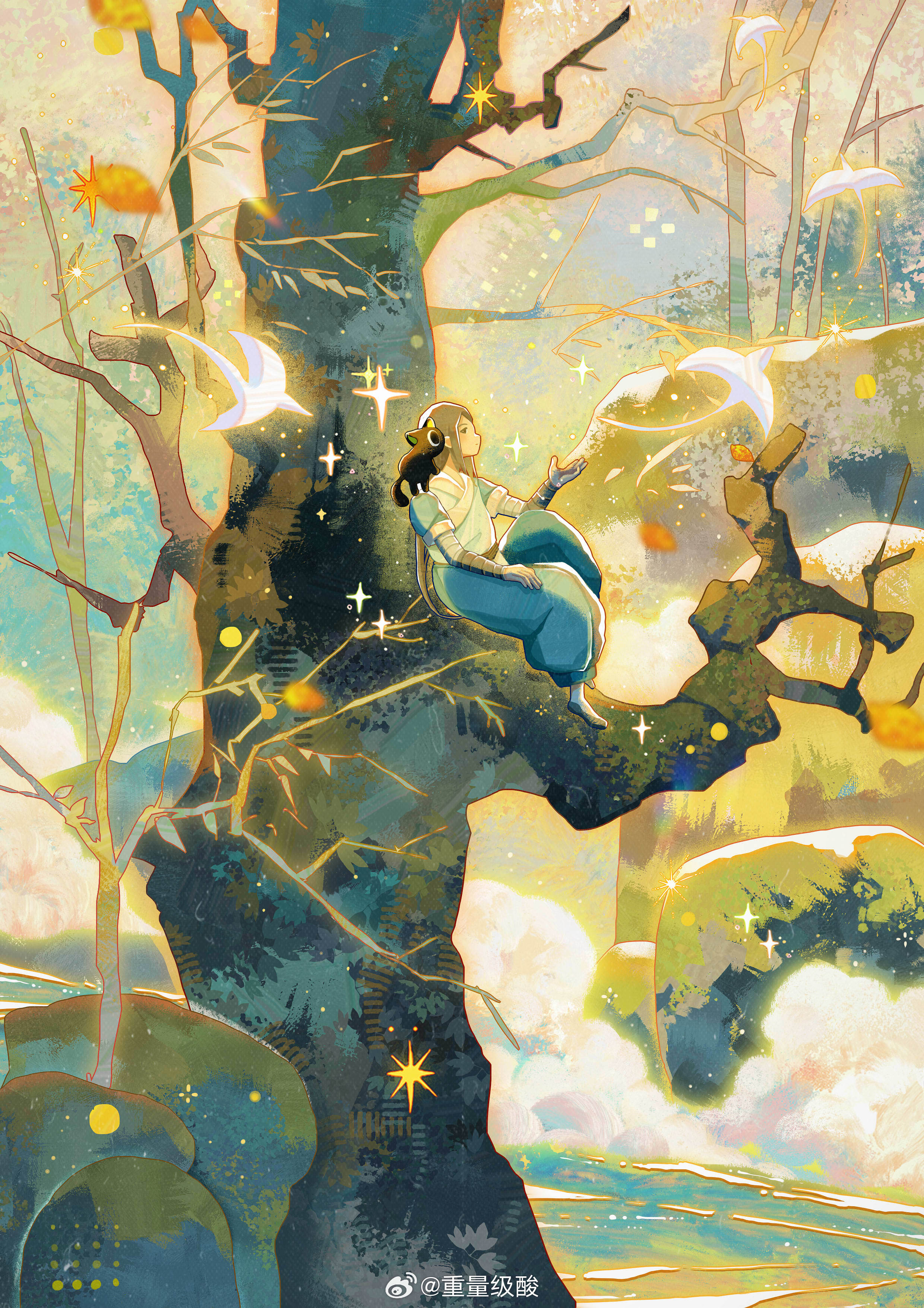 luo xiaohei, luo xiaohei (cat), wuxian (the legend of luoxiaohei), luo xiaohei zhanji, absurdres, highres, 2boys, bird, black cat, cat, cloud, leaf, long hair, multiple boys, profile, rock, short sleeves, sitting, sparkle, tree, very long hair, weibo 1867791182, wide shot