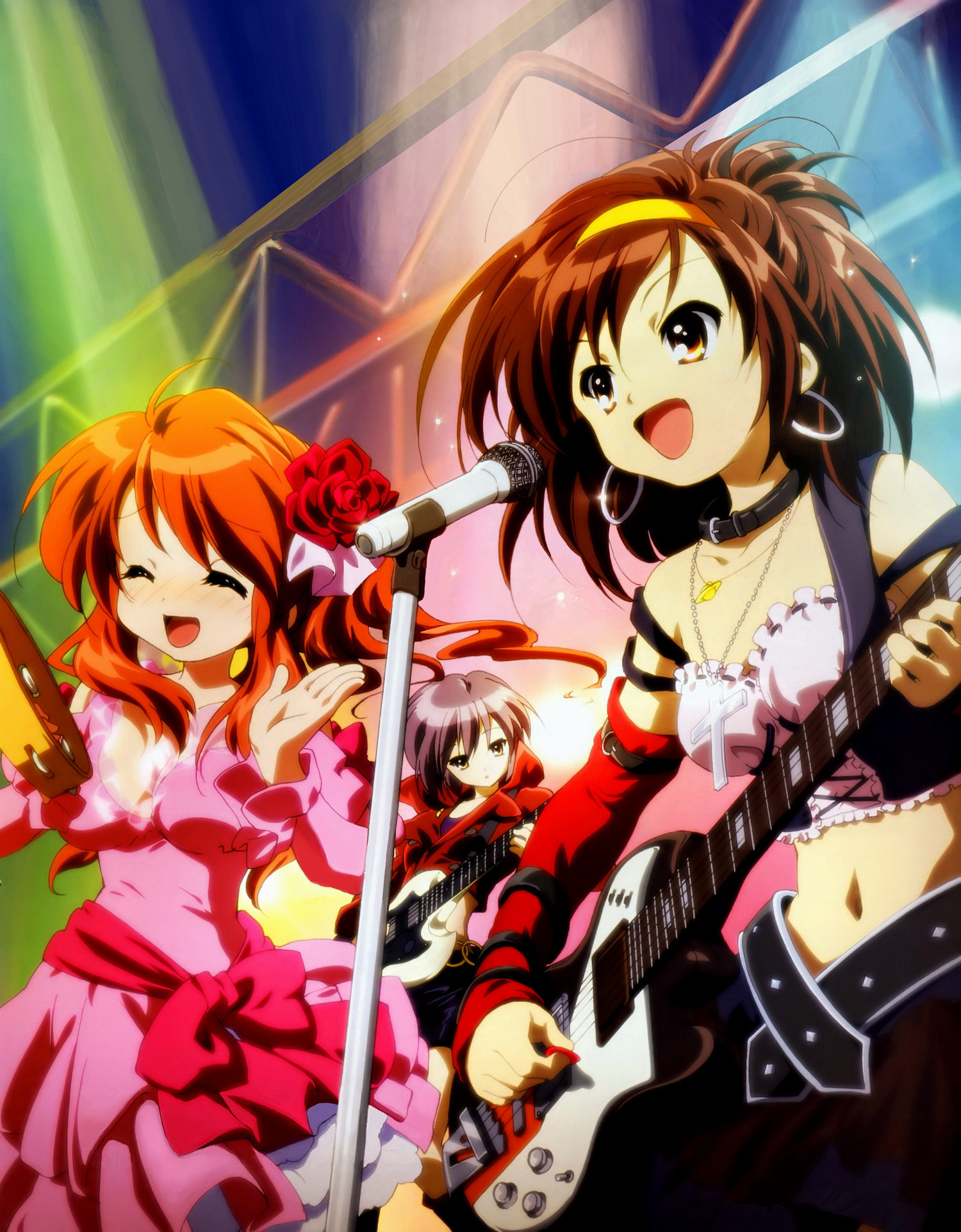 ikeda shouko, asahina mikuru, nagato yuki, suzumiya haruhi, megami magazine, suzumiya haruhi no yuuutsu, highres, official art, scan, 00s, 3girls, brown hair, earrings, guitar, hoop earrings, instrument, jewelry, microphone, microphone stand, multiple girls, music, palms, short hair, singing, yellow eyes