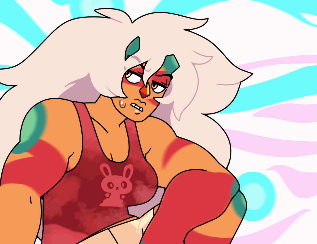 discount-supervillain, jasper (steven universe), steven universe, animated, animated gif, 1girl, abstract background, alternate costume, breasts, broken horn, casual, colored skin, gem, horns, jasper (post-corruption) (steven universe), jasper (species) (steven universe), long hair, muscular, muscular female, orange skin, psychedelic, solo, spots, steven universe: future, striped skin, very long hair, white hair, yellow eyes
