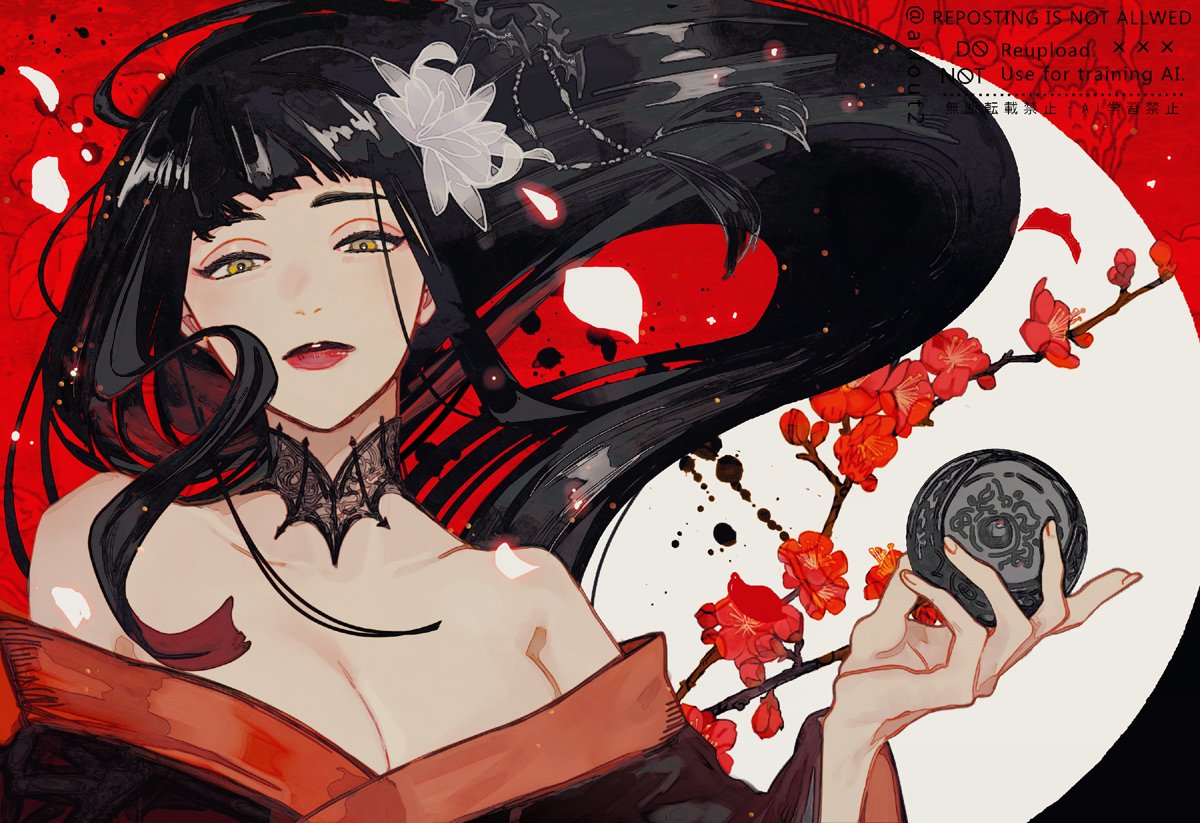 ailout2, yotsuyu goe brutus, final fantasy, final fantasy xiv, 1girl, bare shoulders, black collar, black hair, black kimono, branch, breasts, cleavage, collar, falling petals, floating hair, flower, hair flower, hair ornament, holding, holding mirror, hyur, japanese clothes, kimono, lace collar, long hair, looking at viewer, mirror, off shoulder, petals, plum blossoms, red background, red flower, red lips, red trim, solo, two-tone background, upper body, watermark, white flower, yellow eyes