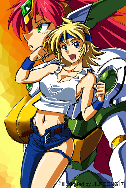 jilpoong17, lune zoldark, valsione, banpresto, super robot wars, super robot wars the lord of elemental, 2girls, :d, :o, armor, artist name, asymmetrical clothes, bare shoulders, belt, blonde hair, blue eyes, blush, breasts, cleavage, clenched hands, collarbone, covered erect nipples, crop top, cutoffs, denim, gem, gradient background, green eyes, headband, helmet, impossible clothes, jeans, large breasts, long hair, looking afar, looking at viewer, mecha musume, midriff, multiple girls, navel, no bra, open belt, open fly, open mouth, pants, profile, red hair, short hair, sideboob, single pantsleg, smile, standing, tank top, thighs, torn clothes, torn jeans, torn pants, unbuckled, unbuttoned, upper body, winged helmet, wristband