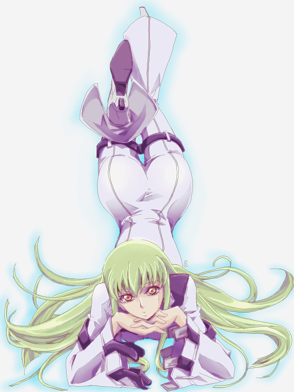 c.c., code geass, 00s, 1girl, ass, female focus, from above, gradient background, green hair, long hair, looking up, lying, solo, yellow eyes