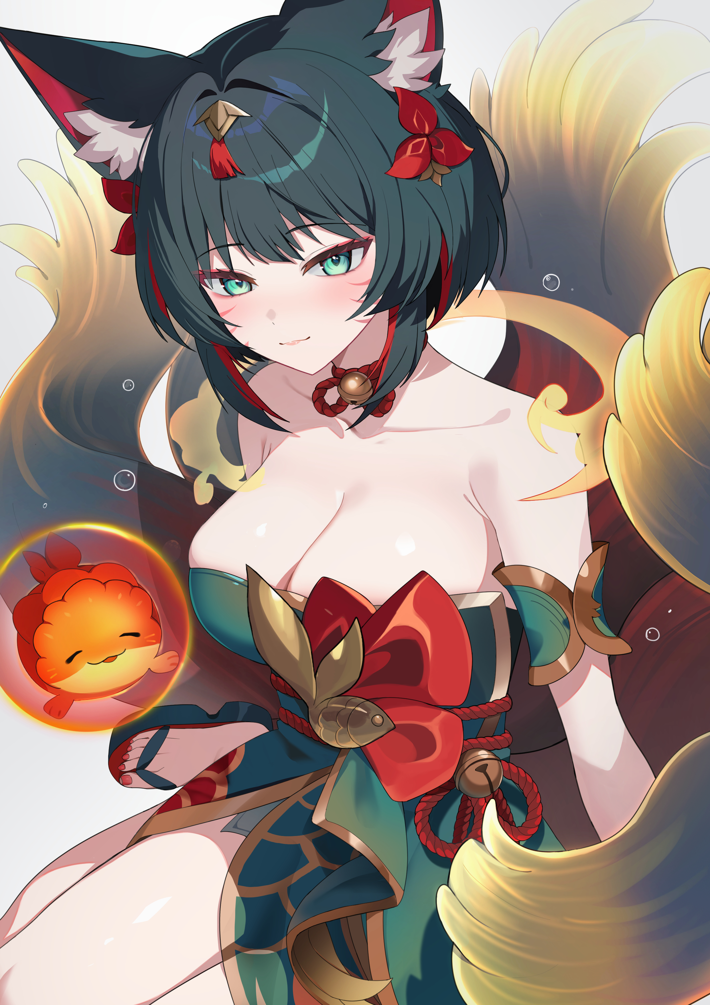 pelicana, ahri (league of legends), league of legends, absurdres, commentary, highres, 1girl, :3, after hours spirit blossom springs ahri, air bubble, animal ear fluff, animal ears, arm at side, bare shoulders, bell, black hair, blush, breasts, bubble, cleavage, collarbone, detached sleeves, facial mark, fish, foot out of frame, fox ears, fox girl, fox tail, green eyes, green kimono, hair ornament, japanese clothes, kimono, kitsune, kyuubi, large breasts, light smile, looking at viewer, multicolored hair, multiple tails, official alternate costume, official alternate hairstyle, platform sandals, red nails, red rope, red streaks, rope, sandals, shimenawa, simple background, sitting, sleeveless, sleeveless kimono, streaked hair, tail, whisker markings, white background, yokozuwari