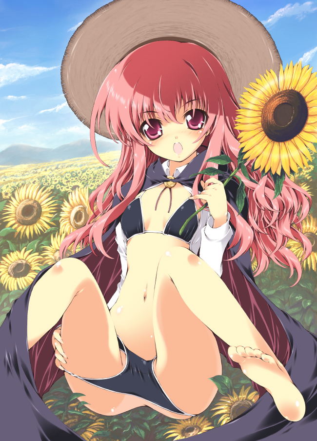 mitsuki mantarou, endou ifrina, figu@mate, 00s, 1girl, barefoot, bikini, bikini pull, bikini tan, black bikini, cape, clothes pull, day, feet, female focus, flower, hat, long hair, panties, panty pull, pentacle, pink eyes, pink hair, soles, solo, sunflower, swimsuit, tan, tanline, underwear