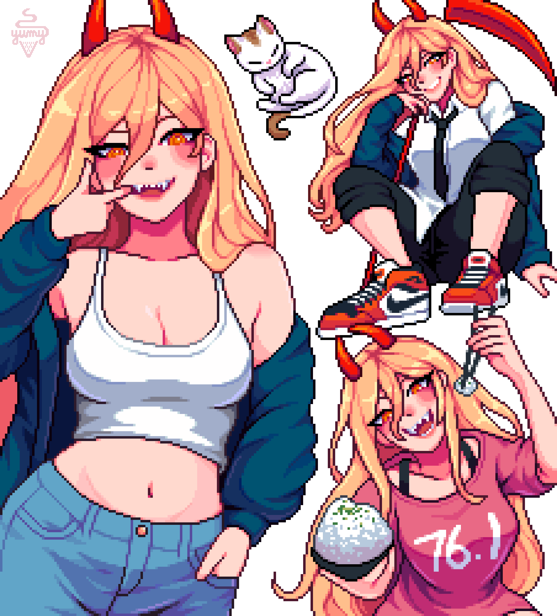 yumykon, meowy (chainsaw man), power (chainsaw man), chainsaw man, absurdres, commentary, english commentary, highres, paid reward available, 1girl, artist name, aseprite (medium), black necktie, blonde hair, bowl, breasts, cat, chopsticks, cleavage, clothes writing, collarbone, collared shirt, crop top, demon horns, grin, hand in pocket, head tilt, holding, holding chopsticks, horns, large breasts, long hair, looking at viewer, midriff, multiple views, navel, necktie, open mouth, orange eyes, pixel art, red horns, rice bowl, sharp teeth, shirt, simple background, smile, tank top, teeth, upper teeth only, white background, white shirt, white tank top