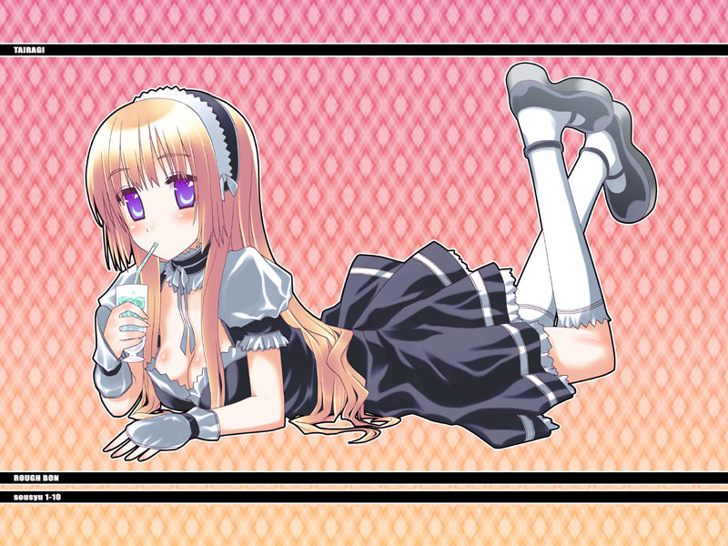 tatsu tairagi, original, 1girl, dress, drinking, female focus, goth fashion, kneehighs, maid, purple eyes, shoes, socks, solo
