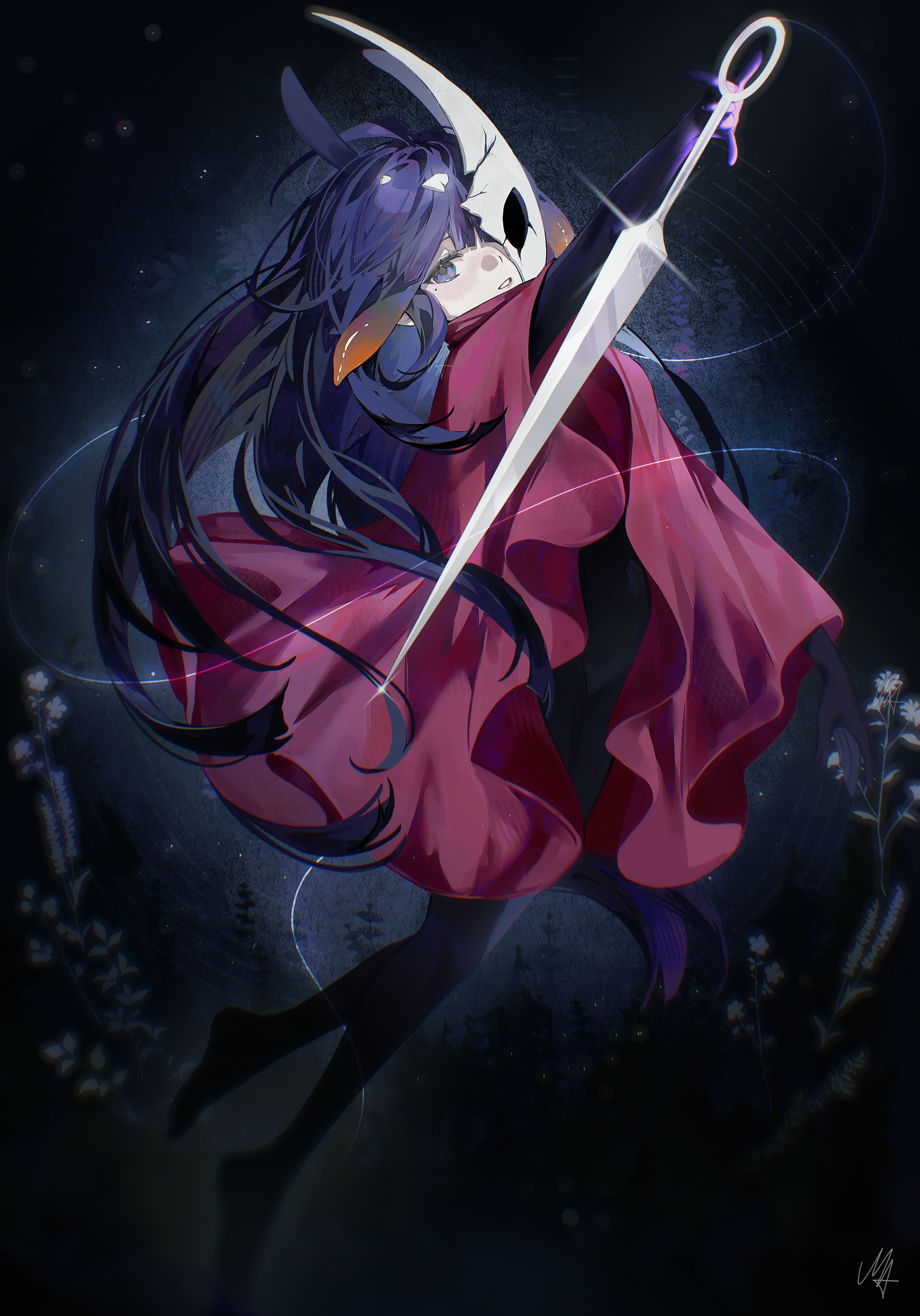 ani 019, hornet (hollow knight), ninomae ina'nis, hollow knight, hollow knight: silksong, hololive, hololive english, black bodystocking, absurdres, commentary, english commentary, highres, 1girl, broken mask, cloak, cosplay, full body, gradient hair, holding, holding weapon, horned mask, hornet (hollow knight) (cosplay), long hair, looking at viewer, mask, multicolored hair, needle (hollow knight), orange hair, parted lips, pointy ears, purple hair, red cloak, sidelocks, solo, tentacle hair, very long hair, virtual youtuber, weapon