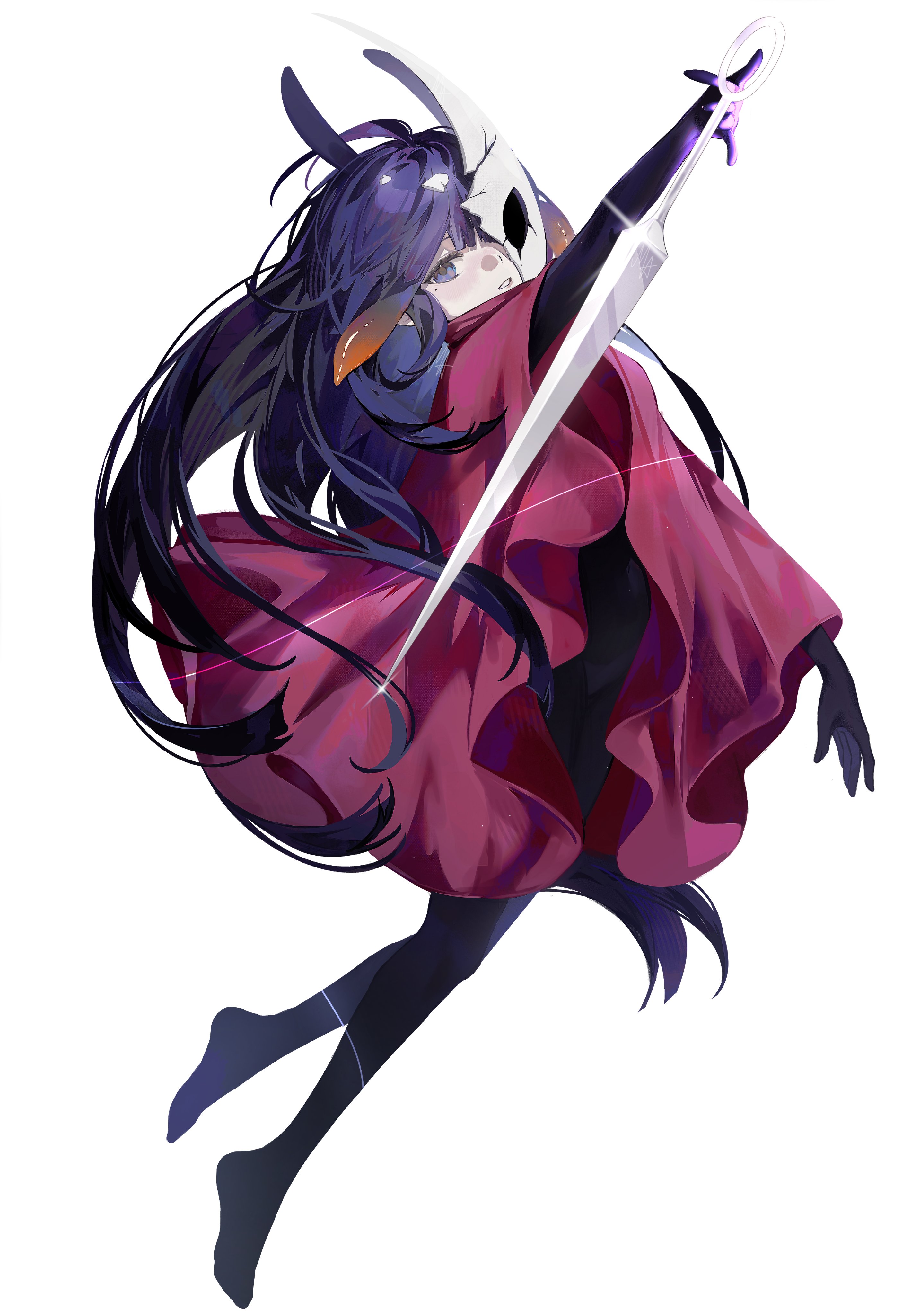 ani 019, hornet (hollow knight), ninomae ina'nis, hollow knight, hollow knight: silksong, hololive, hololive english, black bodystocking, absurdres, commentary, english commentary, highres, 1girl, broken mask, cloak, cosplay, full body, gradient hair, holding, holding weapon, horned mask, hornet (hollow knight) (cosplay), long hair, looking at viewer, mask, multicolored hair, needle (hollow knight), orange hair, parted lips, pointy ears, purple hair, red cloak, sidelocks, simple background, solo, tentacle hair, very long hair, virtual youtuber, weapon, white background