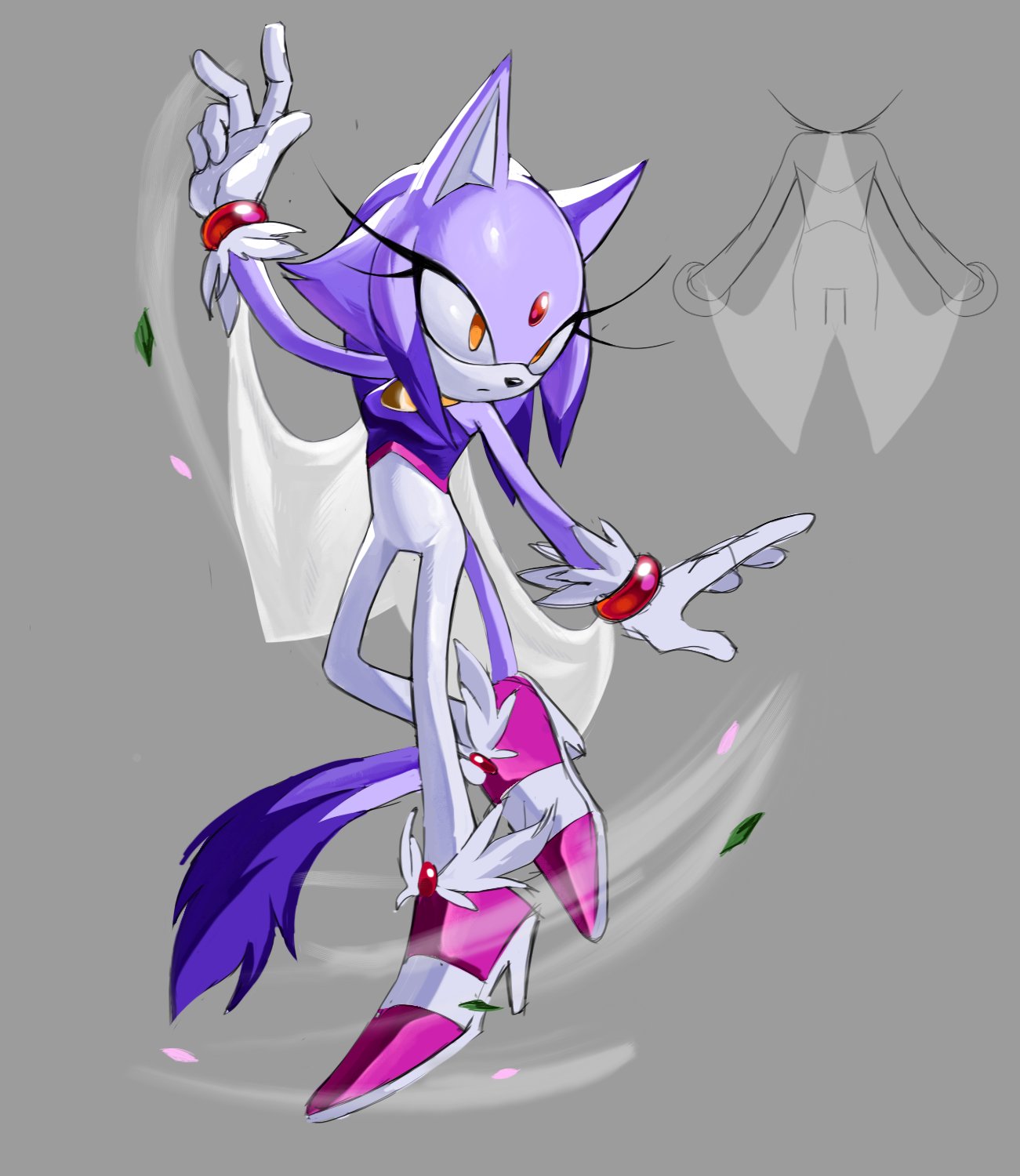 wvcyclone, blaze the cat, sonic (series), highres, 1girl, alternate costume, alternate hairstyle, bare shoulders, bracelet, cape, cat girl, cat tail, closed mouth, falling leaves, forehead jewel, gloves, high heels, jewelry, leaf, long hair, purple fur, see-through clothes, solo, tail, wind, yellow eyes