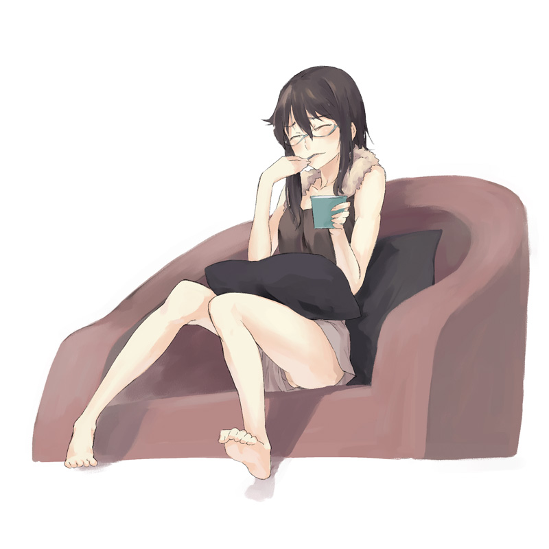 u (the unko), original, 1girl, barefoot, brown hair, closed eyes, couch, eating, feet, female focus, fujoshi, glasses, no panties, pillow, shorts, sitting, solo, toe scrunch, toes, upshorts