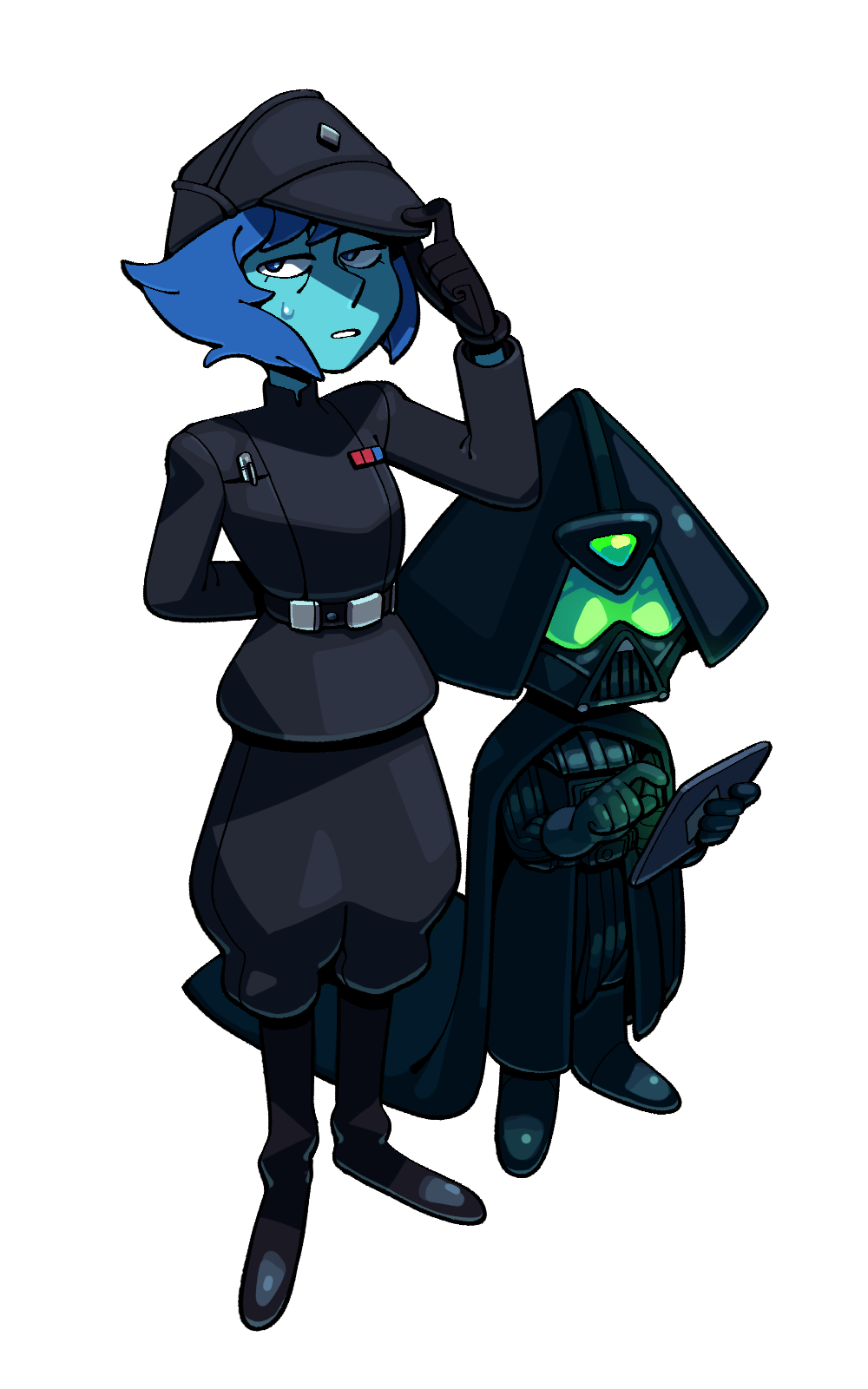 discount-supervillain, darth vader, lapis lazuli (steven universe), peridot (steven universe), star wars, steven universe, highres, 2girls, blue eyes, cape, cosplay, darth vader (cosplay), full body, gloves, height difference, helmet, holding, multiple girls, short hair