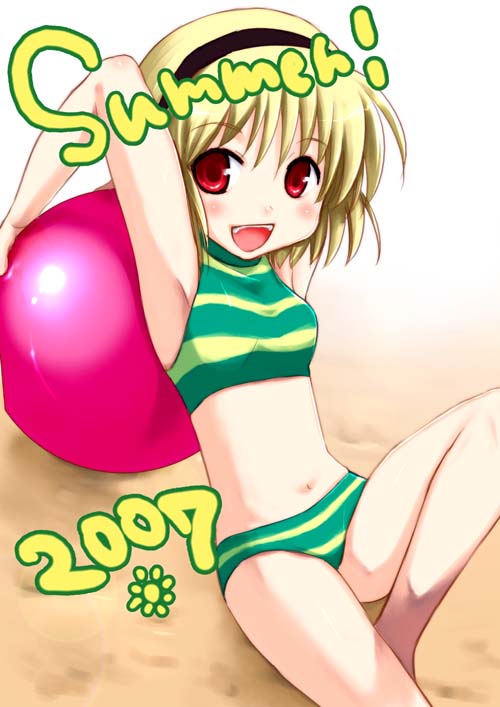 umiichi kurage, houjou satoko, higurashi no naku koro ni, 00s, 1girl, armpits, ball, beachball, bikini, blonde hair, female focus, green bikini, hairband, red eyes, short hair, solo, striped bikini, striped clothes, swimsuit, tankini