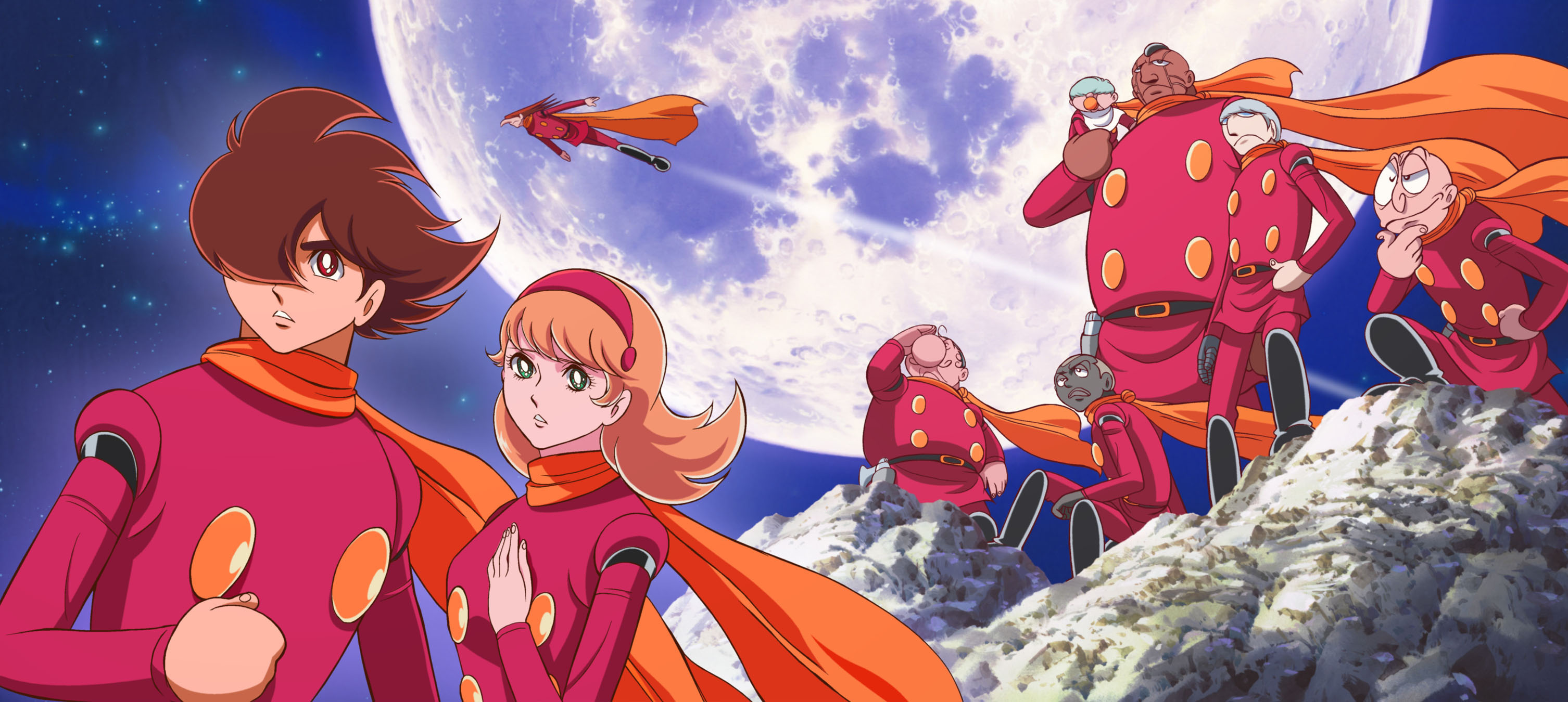 konno naoyuki, albert heinrich, chang changku, francoise arnoul, geronimo jr, great britain, great britain (cyborg 009), ivan whisky, jet link, pyunma, shimamura joe, cyborg 009, looking away, uniform, highres, long image, official art, wide image, 1960s (style), 1970s (style), 1girl, 6+boys, age difference, ahoge, baby, bald, belt, bib, black hair, blonde hair, blue eyes, boots, brown eyes, brown hair, carrying, clenched hand, cyborg, dark-skinned male, dark skin, everyone, facial hair, flying, frown, full moon, green eyes, grey hair, gun, hair over eyes, hair over one eye, hairband, hand on own chest, hand on own chin, hand on own hip, holster, joints, knee boots, long hair, long nose, mohawk, moon, multiple boys, mustache, night, night sky, nose, oldschool, orange hair, outdoors, pacifier, pants, parted lips, red eyes, retro artstyle, robot joints, rock, scarf, shading eyes, short hair, shoulder carry, sitting, sky, spiked hair, squinting, standing, star (sky), star (symbol), starry sky, stroking own chin, weapon