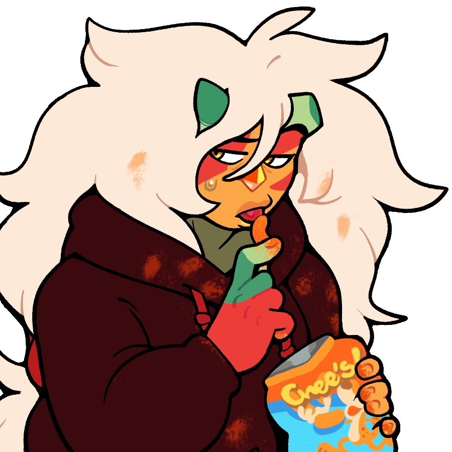 discount-supervillain, jasper (steven universe), cheetos, steven universe, 1girl, alternate costume, broken horn, colored skin, eating, food, gem, green horns, holding, holding food, horns, jasper (post-corruption) (steven universe), jasper (species) (steven universe), licking, licking food, long hair, orange skin, solo, steven universe: future, striped skin, very long hair, white hair, yellow eyes