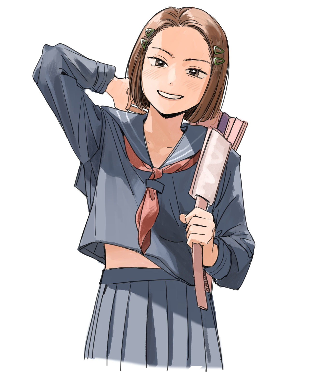 coincoinco, tachibana an, tennis no ouji-sama, highres, 1girl, arm behind head, bag, blue serafuku, blue shirt, blue skirt, blush, bob cut, brown eyes, brown hair, clothes lift, cropped legs, grin, hair ornament, hairpin, head tilt, holding, holding bag, looking at viewer, midriff peek, multiple hairpins, narrowed eyes, neckerchief, parted hair, pink bag, pleated skirt, red neckerchief, sailor collar, school uniform, serafuku, shirt, shirt lift, short hair, shoulder bag, simple background, skirt, smile, solo, straight-on, white background