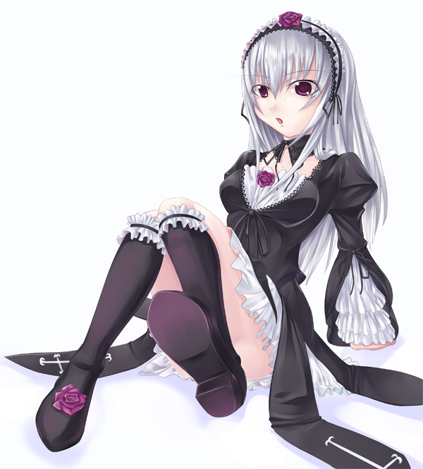 asa (swallowtail), suigintou, rozen maiden, silver hair, 00s, 1girl, :o, bare legs, black boots, black socks, boots, female focus, flower, frilled sleeves, frilled thigh strap, frills, full body, gothic lolita, knee boots, kneehighs, lolita fashion, long hair, long sleeves, looking at viewer, maid headdress, open mouth, parted lips, purple eyes, red eyes, rose, shoes, simple background, sitting, socks, solo, swallowtail, thigh strap, white background