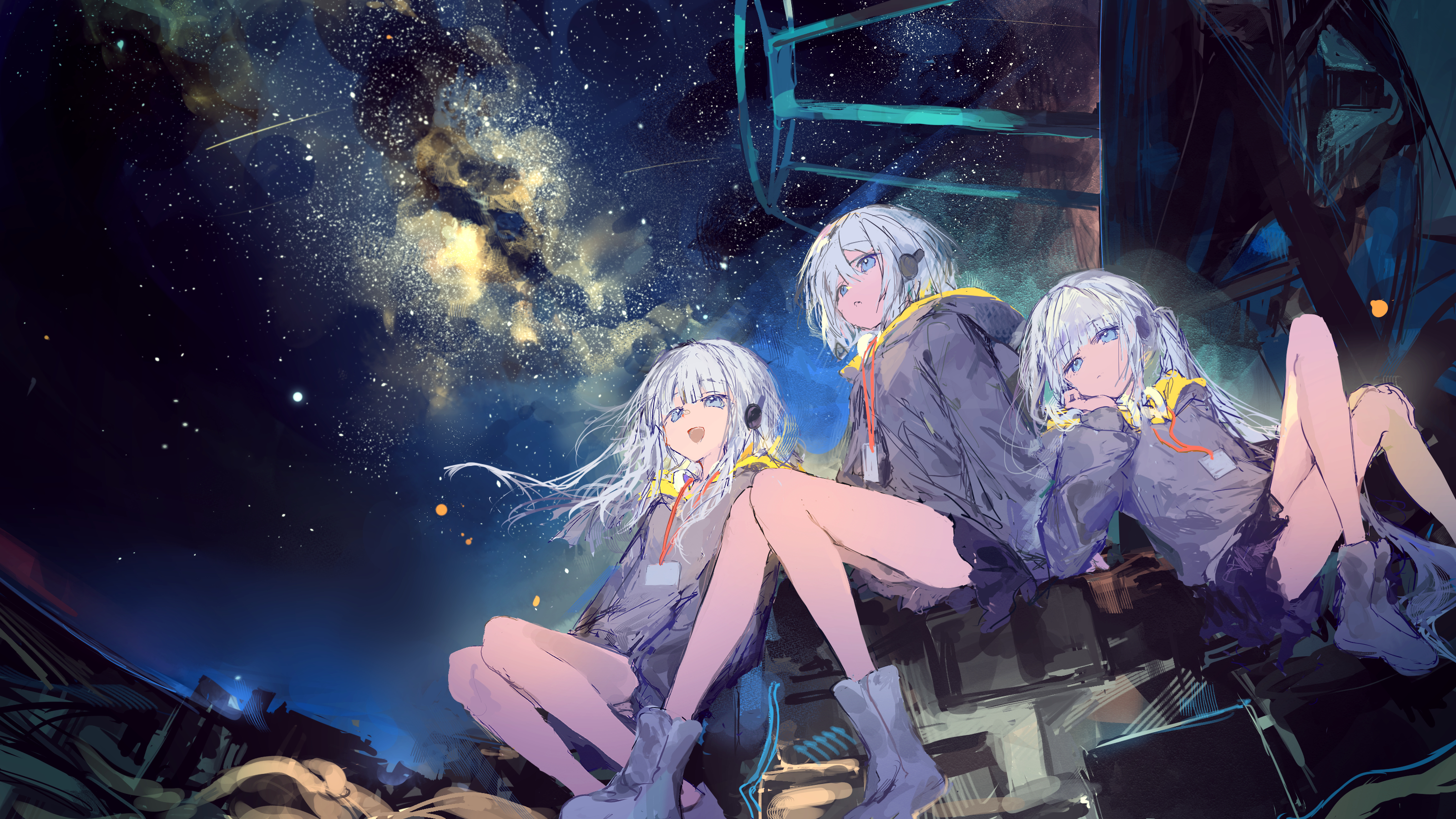 ichika (ichika87), original, absurdres, highres, 3girls, black skirt, blue eyes, boots, crossed legs, grey boots, grey hair, grey hoodie, head rest, hood, hood down, hoodie, id card, long hair, long sleeves, miniskirt, multiple girls, sitting, skirt, sky, star (sky), starry sky