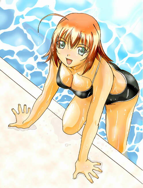 suzumiya akane, akane maniax, kimi ga nozomu eien, 00s, 1girl, ahoge, breasts, cleavage, female focus, green eyes, one-piece swimsuit, orange hair, pool, short hair, solo, swimsuit, water, wet