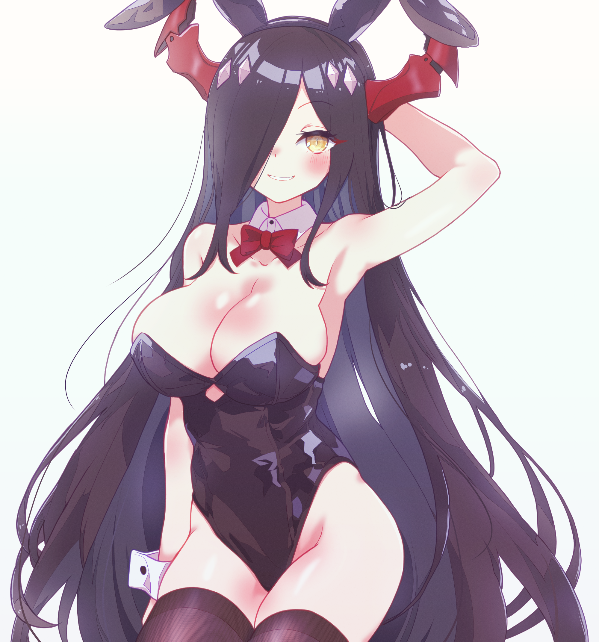 arbiter1, friedrich der grosse (azur lane), azur lane, highres, 1girl, animal ears, arm up, armpits, black hair, blush, bow, breasts, detached collar, hair ornament, hair over one eye, horns, huge breasts, leotard, long bangs, long hair, looking at viewer, mature female, mechanical horns, playboy bunny, presenting armpit, rabbit ears, red bow, red horns, simple background, smile, thighhighs, thighs, very long hair, white background, wrist cuffs, yellow eyes