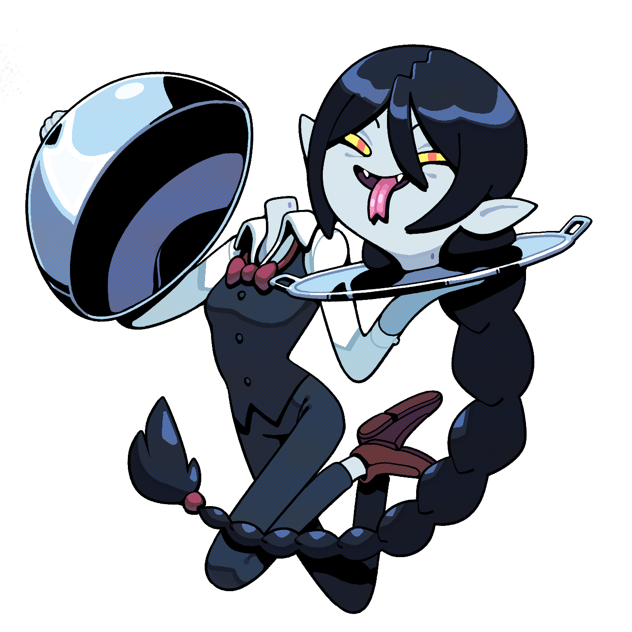 discount-supervillain, marceline abadeer, adventure time, highres, bags under eyes, bow, bowtie, colored sclera, colored skin, demon girl, forked tongue, formal clothes, grey skin, headless, holding detached head, pants, pointy ears, red bow, red bowtie, red eyes, serving dome, severed head, tongue, toon (style), vampire, vest, waitress, yellow sclera