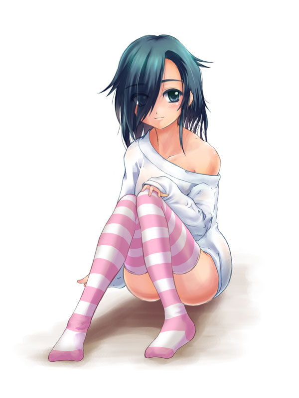 yamamura sadako, the ring, 1girl, female focus, hair over one eye, legs, off shoulder, pinky out, sitting, smile, solo, striped clothes, striped thighhighs, thighhighs