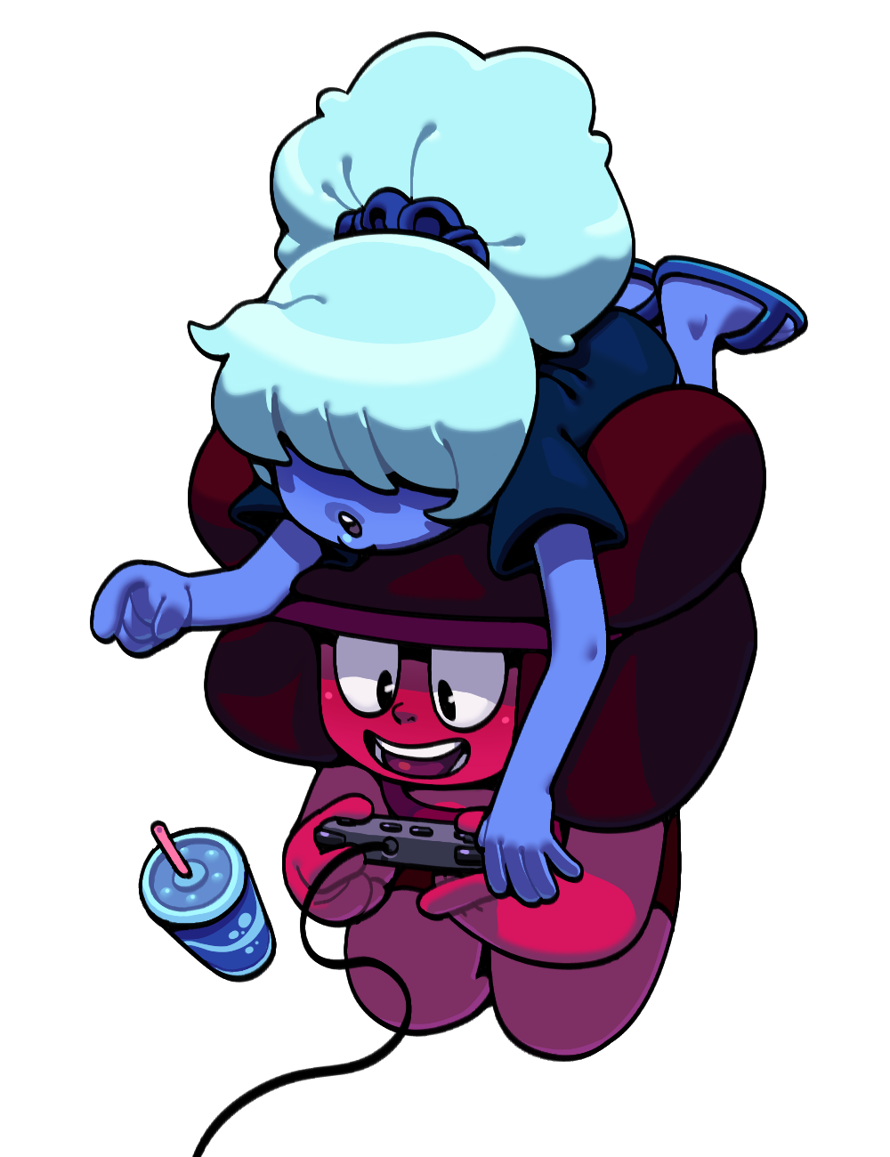 discount-supervillain, ruby (steven universe), sapphire (steven universe), steven universe, highres, 2girls, afro, alternate costume, blue hair, blue skin, casual, colored skin, full body, hair over eyes, long hair, multiple girls, open mouth, ponytail, red skin, ruby (species) (steven universe), simple background, smile