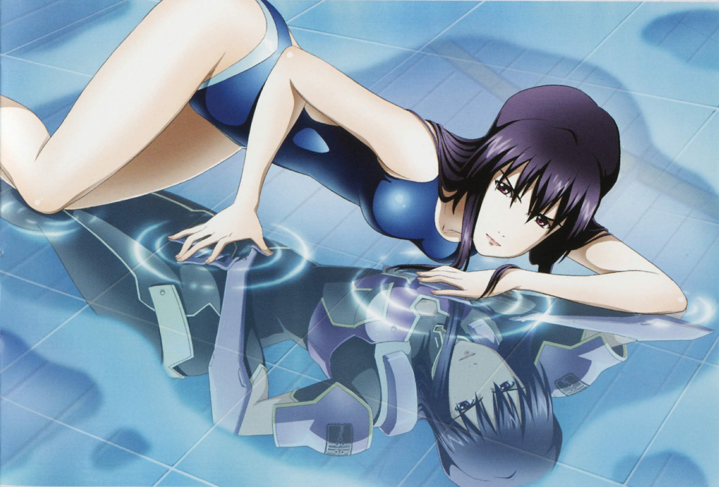 samura yoshikazu, misaki shizuno, zegapain, highres, 00s, 1girl, different reflection, female focus, long hair, one-piece swimsuit, reflection, reflective water, solo, swimsuit, water