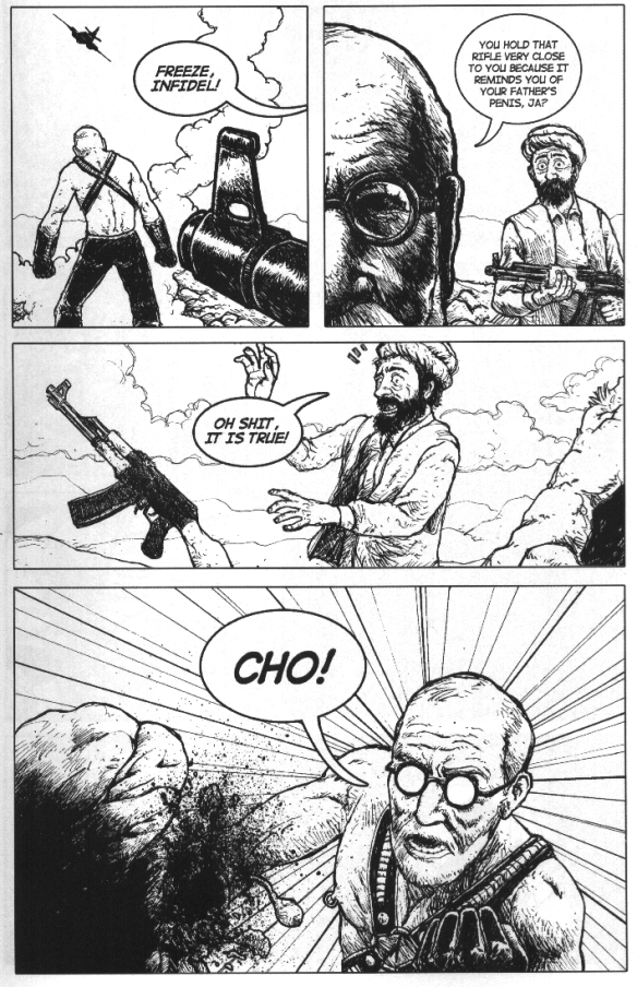 felipe sobreiro, sigmund freud, the new adventures of sigmund freud, english, ak-47, assault rifle, beard, blood, comic, facial hair, freud, gun, guro, kalashnikov rifle, left-to-right manga, monochrome, rifle, terrorist, turban, weapon