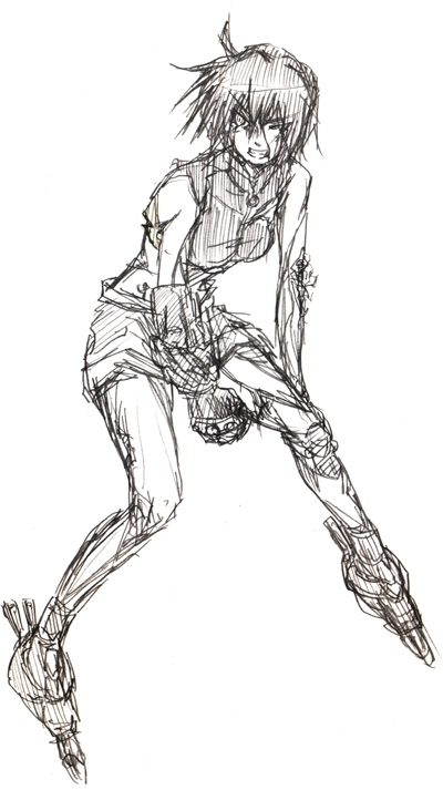 mach caliber, revolver knuckle, subaru nakajima, lyrical nanoha, mahou shoujo lyrical nanoha, mahou shoujo lyrical nanoha strikers, 00s, 1girl, female focus, gauntlets, greyscale, inline skates, magical girl, midriff, monochrome, roller skates, single gauntlet, skates, sketch, solo