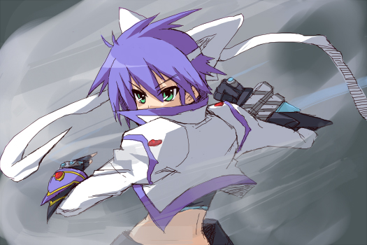 revolver knuckle, subaru nakajima, lyrical nanoha, mahou shoujo lyrical nanoha, mahou shoujo lyrical nanoha strikers, 00s, 1girl, blue hair, female focus, fingerless gloves, from behind, gauntlets, gloves, magical girl, midriff, single fingerless glove, single gauntlet, solo
