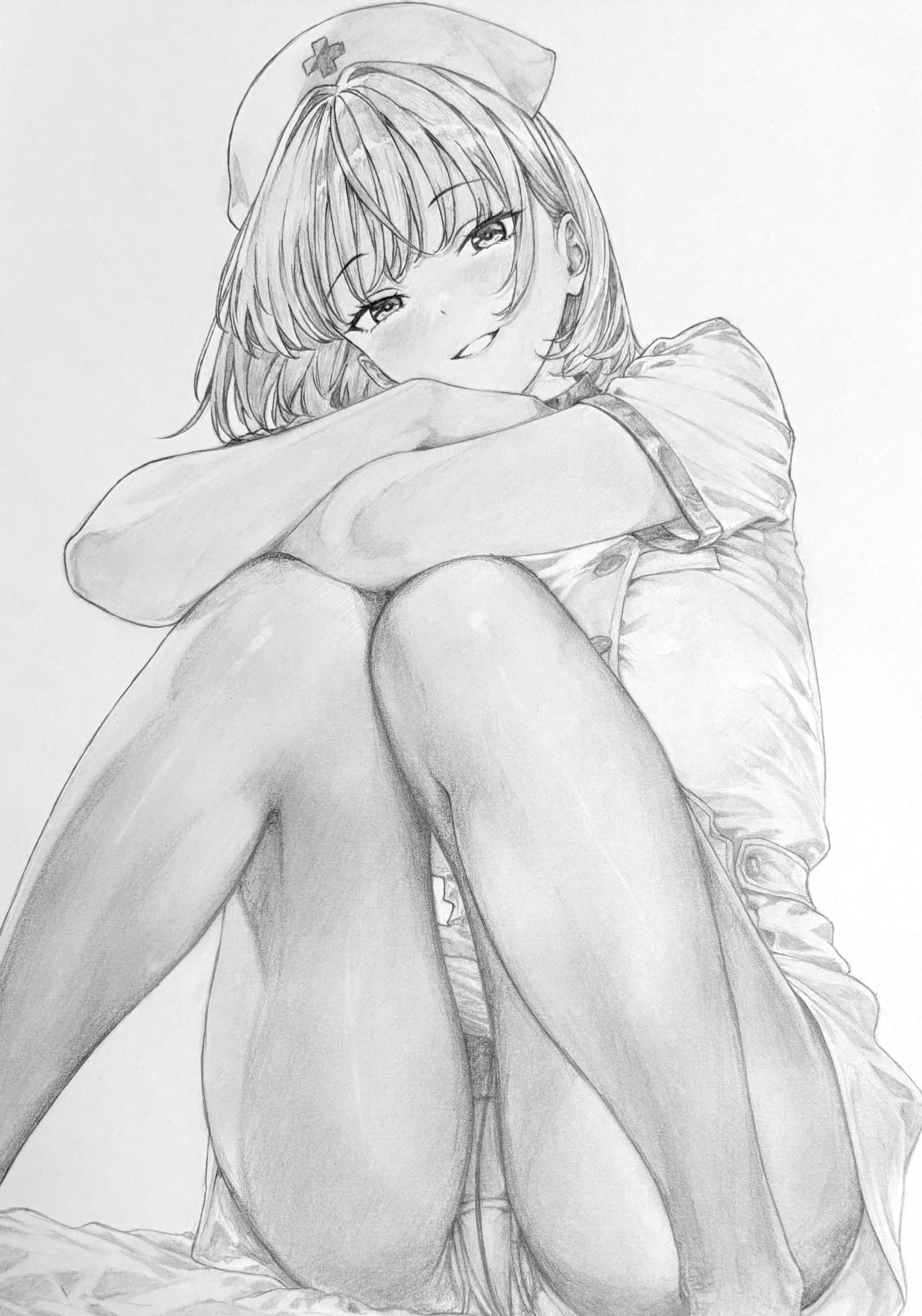 lensia, original, absurdres, commentary request, graphite (medium), highres, traditional media, 1girl, arm on knee, buttons, crossed arms, crotch seam, double-breasted, dress, feet out of frame, greyscale, grin, hat, knees up, long hair, monochrome, nurse, nurse cap, panties, panties under pantyhose, pantyhose, short dress, short hair, short sleeves, sitting, smile, solo, underwear, wispy bangs