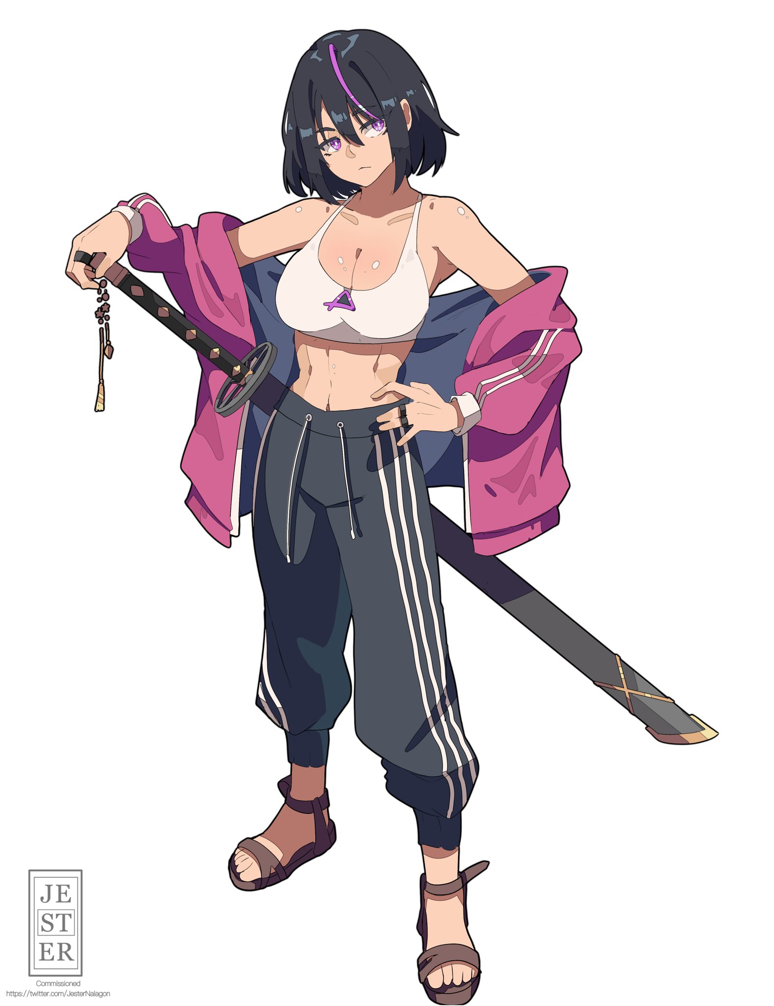 jesternalagon, original, commentary, commission, english commentary, highres, 1girl, artist logo, bare shoulders, black hair, black pants, breasts, cleavage, full body, hair between eyes, hand on hilt, hand on own hip, head tilt, jacket, jacket partially removed, large breasts, logo, long sleeves, looking to the side, midriff, multicolored hair, open clothes, open jacket, pants, purple eyes, purple jacket, purple streaks, quartz (powercrasher2), sandals, scabbard, sheath, sheathed, short hair, solo, sports bra, standing, stomach, streaked hair, striped clothes, striped pants, sword, toes, track pants, triangle ornament, vertical-striped clothes, vertical-striped pants, weapon, white sports bra