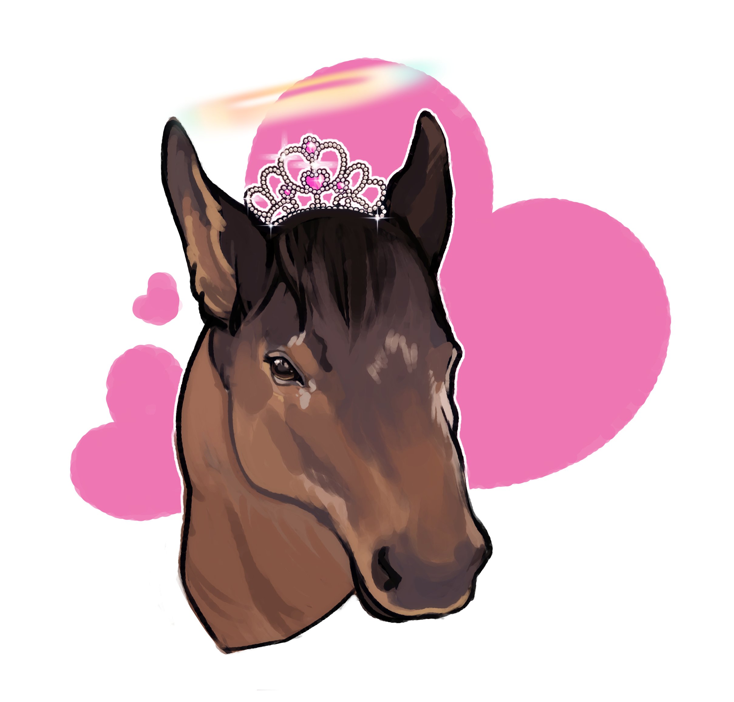 lili (lilistration), haru urara (racehorse), real life, commentary, english commentary, highres, animal focus, brown eyes, brown horse, halo, heart, horse, looking at viewer, no humans, solo, tiara, upper body