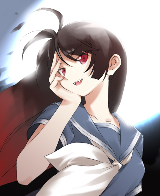 duke (inu daimyou), kamura reiri, kaibutsu oujo, 00s, ahoge, black hair, brown hair, fang, fangs, long hair, open mouth, red eyes, school uniform, serafuku, solo, vampire