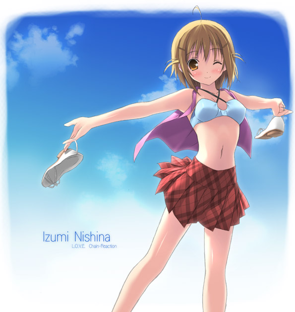 kantoku, original, 1girl, bikini, bikini top only, blush, brown hair, cloud, day, female focus, holding, holding shoes, holding unworn clothes, lingerie, one eye closed, open clothes, open shirt, plaid clothes, plaid skirt, pleated skirt, sandals, shirt, shoes, skirt, sky, smile, solo, swimsuit, underwear, unworn shoes, wink