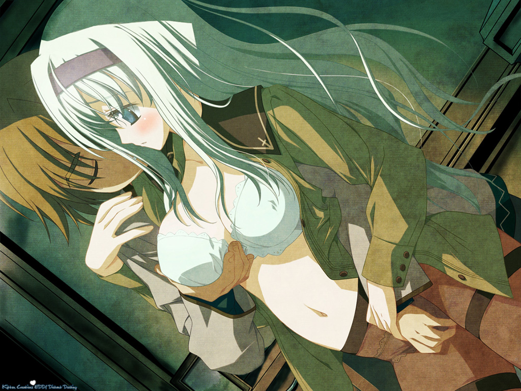 shida kazuhiro, durandal fernek, flolium blosselliand, wiz anniversary, game cg, 1boy, 1girl, blue eyes, blush, bra, breasts, brown hair, cleavage, covered erect nipples, crotch grab, dutch angle, grabbing another's breast, groping, hairband, hetero, long hair, midriff, navel, no pants, open clothes, open shirt, panties, panties under pantyhose, pantyhose, pointy ears, shirt, solo focus, thighband pantyhose, unbuttoned, unbuttoned shirt, underwear, white hair
