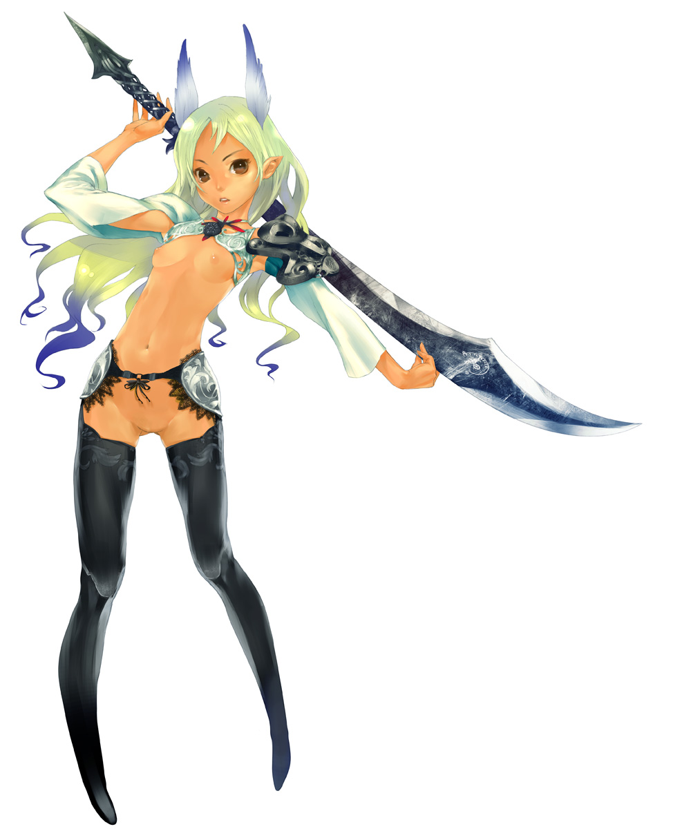 redjuice, original, highres, 1girl, armpits, fantasy, female focus, flat chest, multicolored hair, nipples, no pussy, nude, pointy ears, solo, sword, thighhighs, weapon