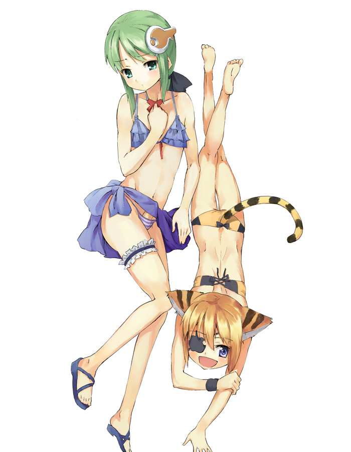 u (the unko), homeo, xp home-tan, xphome, os-tan, 1boy, animal ears, barefoot, bikini, cat ears, cat tail, crossdressing, crossdressing (mtf), eyepatch, feet, flat chest, frilled thigh strap, lingerie, ruffle bikini, sandals, shota, swimsuit, tail, thigh strap, trap, underwear