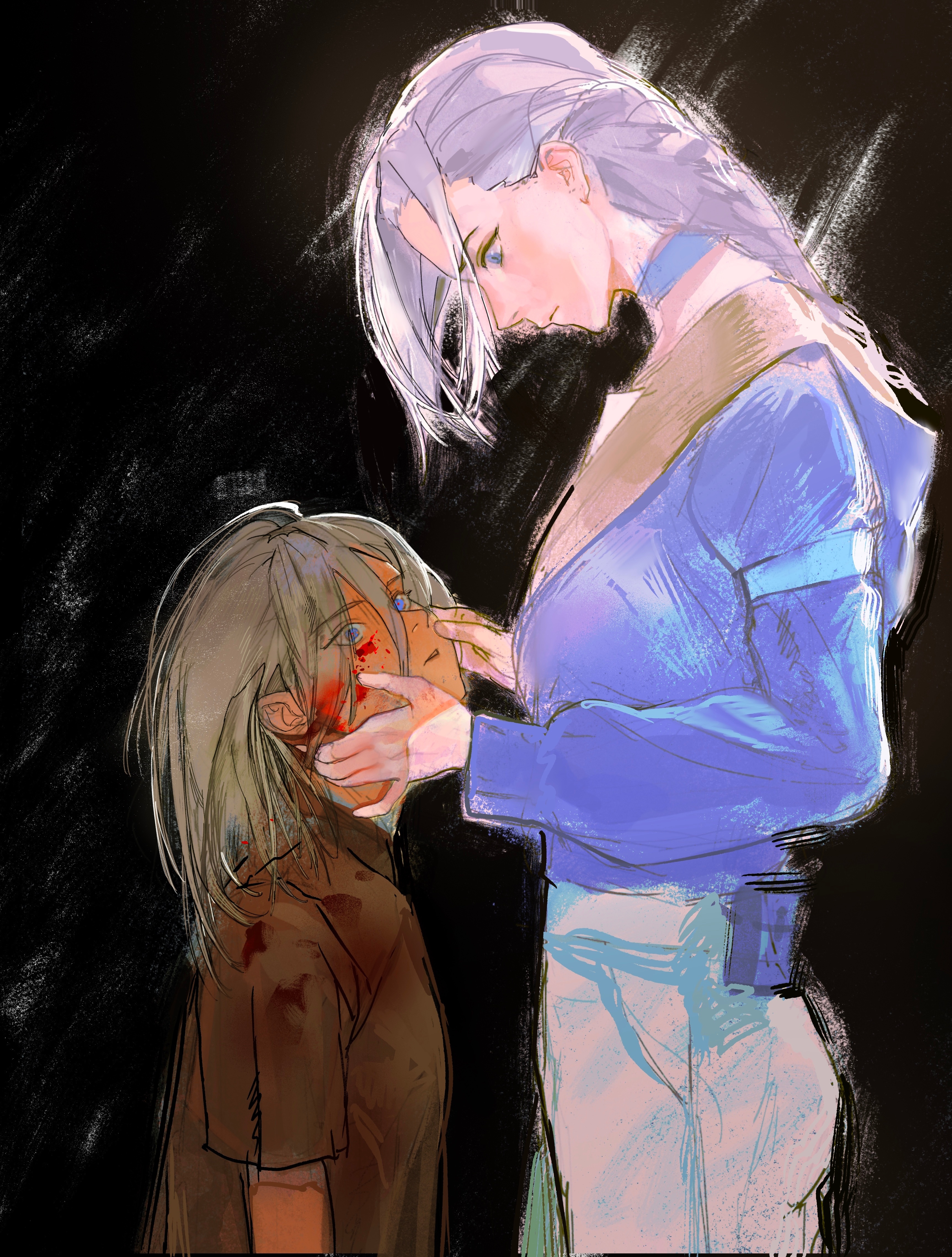 luo xiaohei zhanji, absurdres, highres, 1girl, age progression, black background, blood, blood on face, blue eyes, blue jacket, braid, braided ponytail, brown shirt, grey hair, grey pants, jacket, long sleeves, luye (the legend of luoxiaohei), pants, profile, shirt, short sleeves, weibo 2599164105