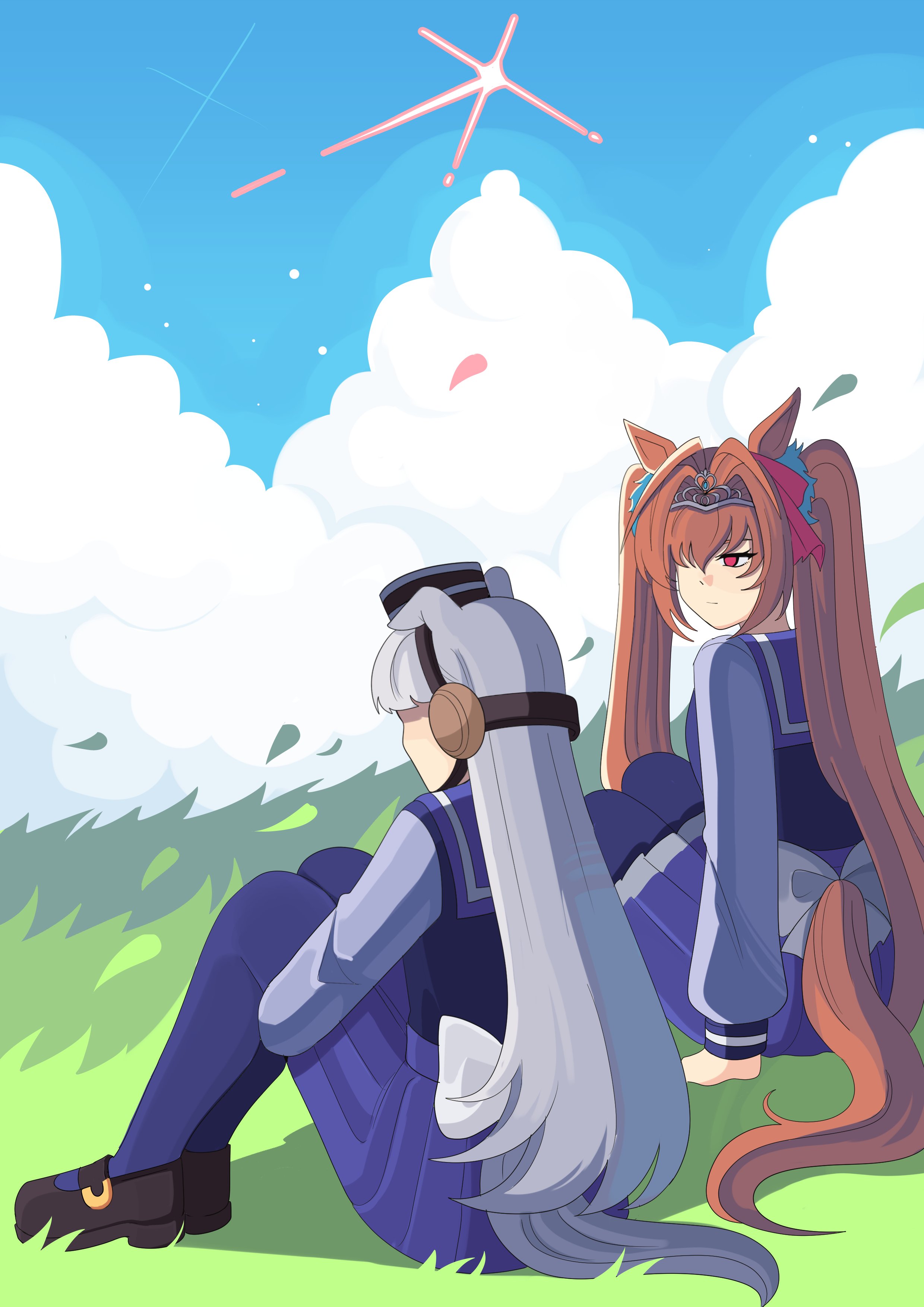 bobamiruku, daiwa scarlet (umamusume), gold ship (umamusume), umamusume, absurdres, highres, 2girls, animal ears, blue sky, breasts, brown hair, closed mouth, cloud, grass, grey hair, hair between eyes, hair intakes, hair ornament, hair over one eye, hat, horse ears, horse girl, horse tail, knees up, long hair, long sleeves, looking at another, multiple girls, outdoors, pillbox hat, purple sailor collar, purple serafuku, purple shirt, purple skirt, purple thighhighs, red eyes, sailor collar, sailor shirt, school uniform, serafuku, shirt, shooting star, sitting, skirt, sky, tail, thighhighs, tiara, tracen school uniform, twintails, very long hair