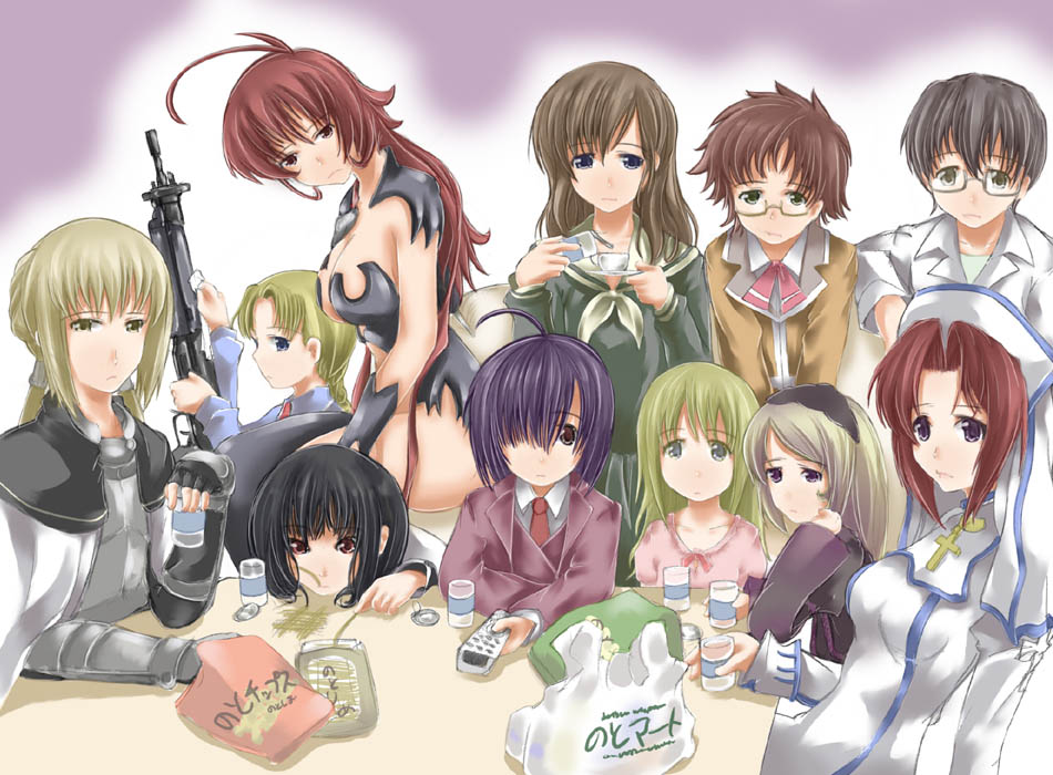 abubu, amaha masane, ana coppola, bedivere (fate), elsa de sica, enma ai, esther blanchett, kikukawa yukino, miyazaki nodoka, noto mamiko, toudou shimako, fate/stay night, fate (series), full metal panic!, gunslinger girl, ichigo mashimaro, jigoku shoujo, mahou sensei negima!, my-hime, trinity blood, witchblade, 00s, 6+girls, ahoge, bag, black hair, blonde hair, blunt bangs, braid, breasts, brown hair, child, cleavage, controller, crossover, cup, drinking glass, everyone, fingerless gloves, food, glasses, gloves, grey hair, gun, hair over one eye, hime cut, long hair, medium breasts, multiple crossover, multiple girls, necktie, night, nun, purple hair, red hair, remote control, rifle, school uniform, serafuku, short hair, small breasts, teacup, twintails, voice actor connection, weapon