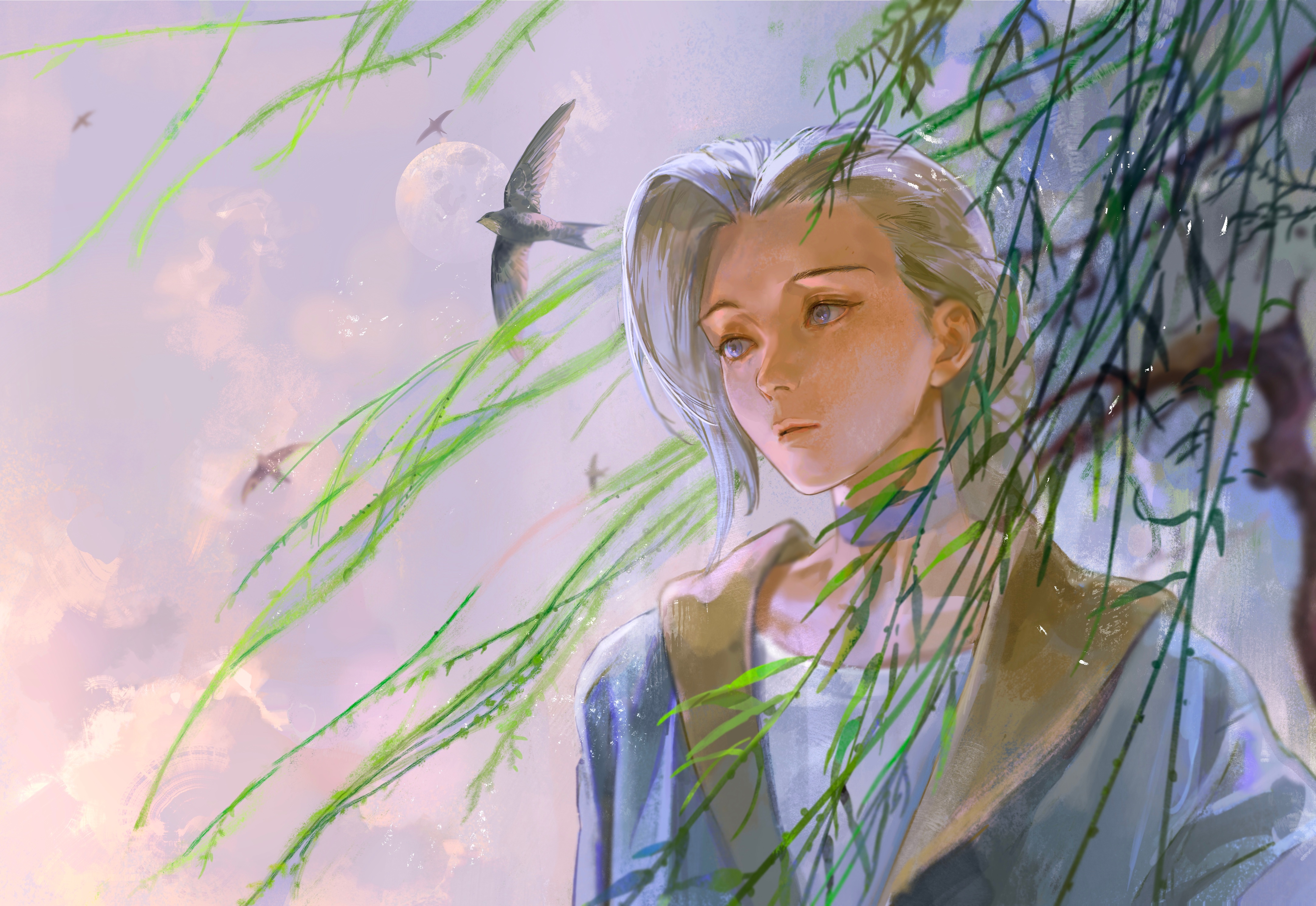 luo xiaohei zhanji, absurdres, highres, 1girl, bird, blue choker, blue jacket, braid, braided ponytail, choker, cloud, cloudy sky, expressionless, grey hair, jacket, long hair, luye (the legend of luoxiaohei), moon, sky, solo, tree, twilight, upper body, weibo 2599164105