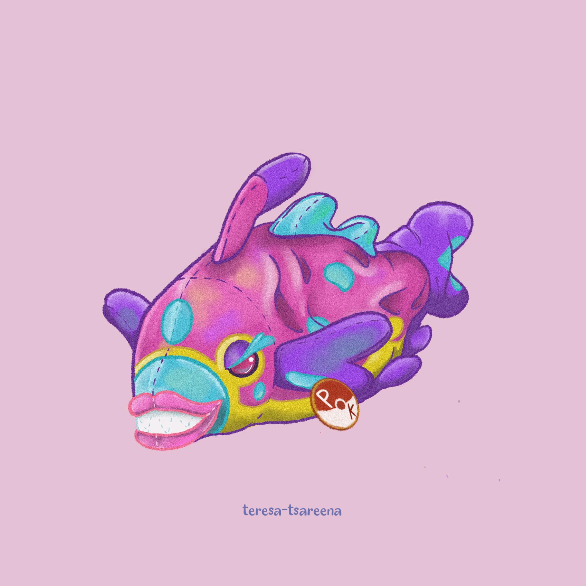 teresa-tsareena, bruxish, beanie babies, nintendo, pokemon, highres, artist name, gen 7 pokemon, no humans, pink background, pokemon (creature), simple background, stuffed animal, stuffed toy