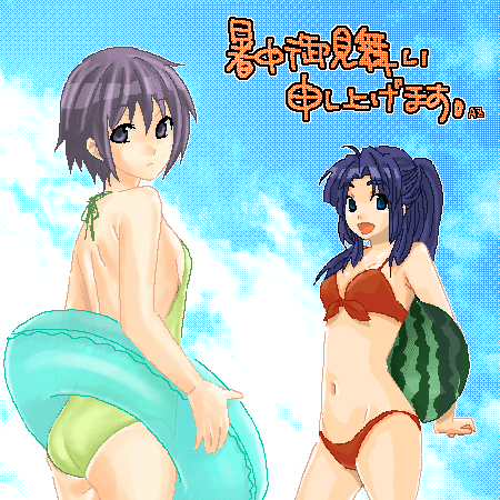 asakura ryoko, nagato yuki, suzumiya haruhi no yuuutsu, lowres, 00s, 2girls, bikini, food, fruit, holding, holding food, holding fruit, holding watermelon, innertube, multiple girls, oekaki, shochuumimai, swim ring, swimsuit, watermelon