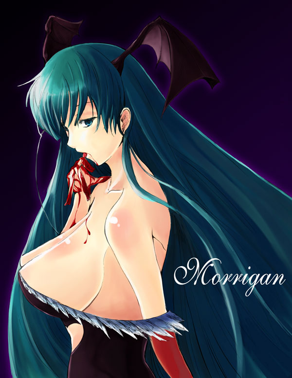 gin'ichi (akacia), ginichi, morrigan aensland, capcom, darkstalkers, 1girl, aqua eyes, aqua hair, bat wings, blood, breasts, character name, female focus, head wings, huge breasts, leotard, long hair, solo, very long hair, wings