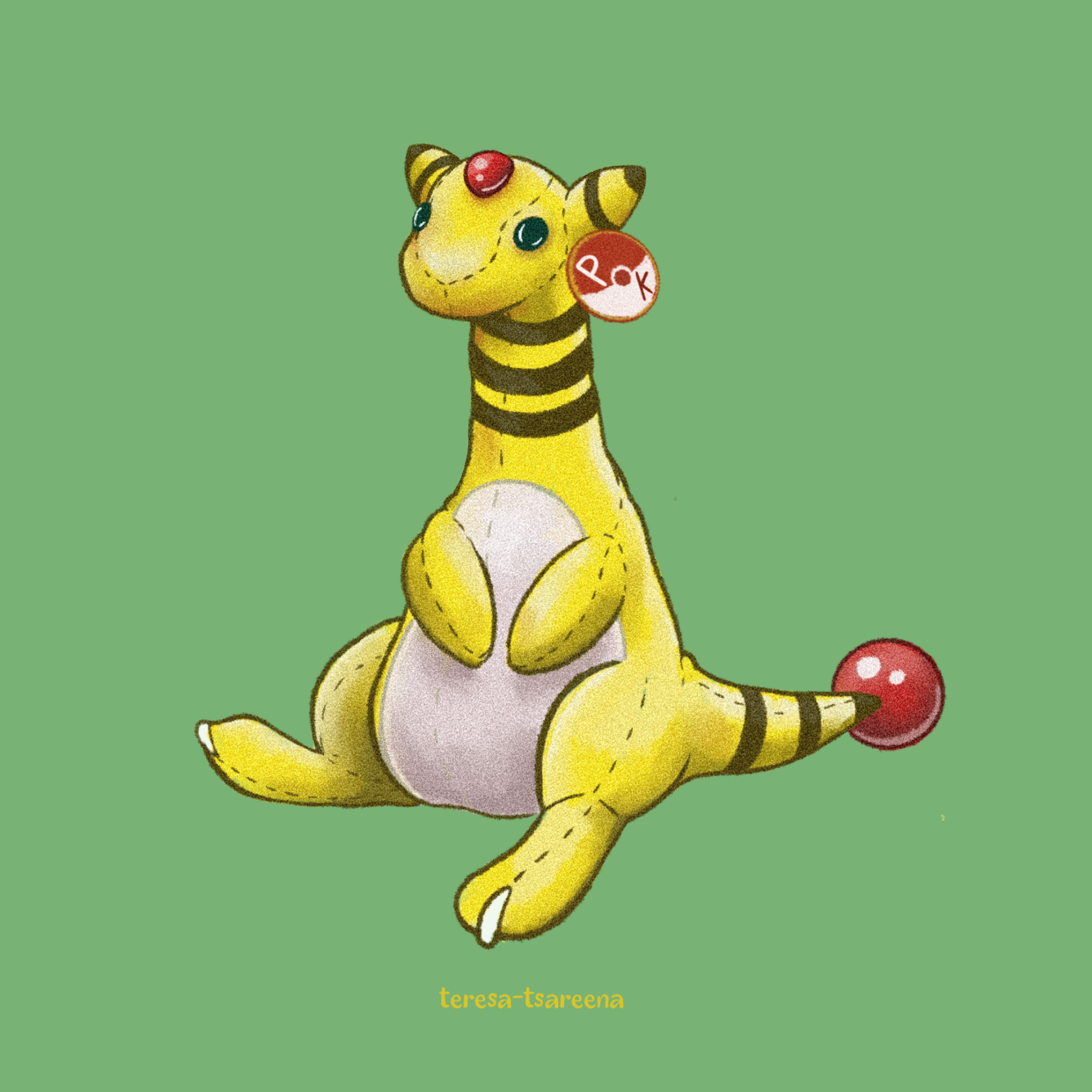teresa-tsareena, ampharos, beanie babies, nintendo, pokemon, highres, artist name, gen 2 pokemon, green background, pokemon (creature), simple background, stuffed animal, stuffed toy