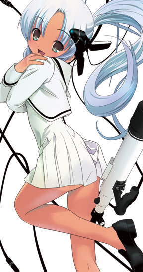 houmitsu, source request, 1girl, blue hair, cable, crossed arms, dark-skinned female, dark skin, female focus, hair ornament, happy, headset, leg lift, long hair, looking back, open mouth, ponytail, school uniform, serafuku, skirt, solo, telescope, white hair