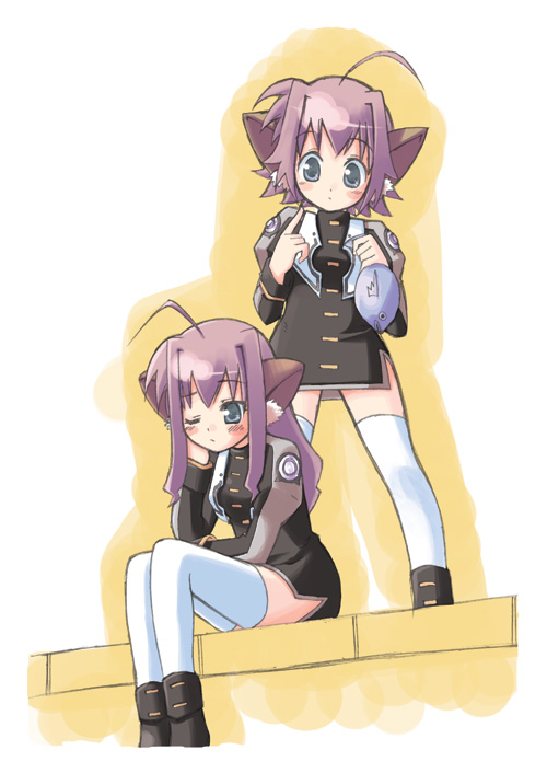 miaka (artist), salty (cherrypie), liesearia (nanoha), lieselotte (nanoha), lyrical nanoha, mahou shoujo lyrical nanoha, mahou shoujo lyrical nanoha a's, 00s, 2girls, ahoge, animal ears, cat ears, fish, multiple girls, siblings, sisters, sitting, thighhighs, twins, zettai ryouiki