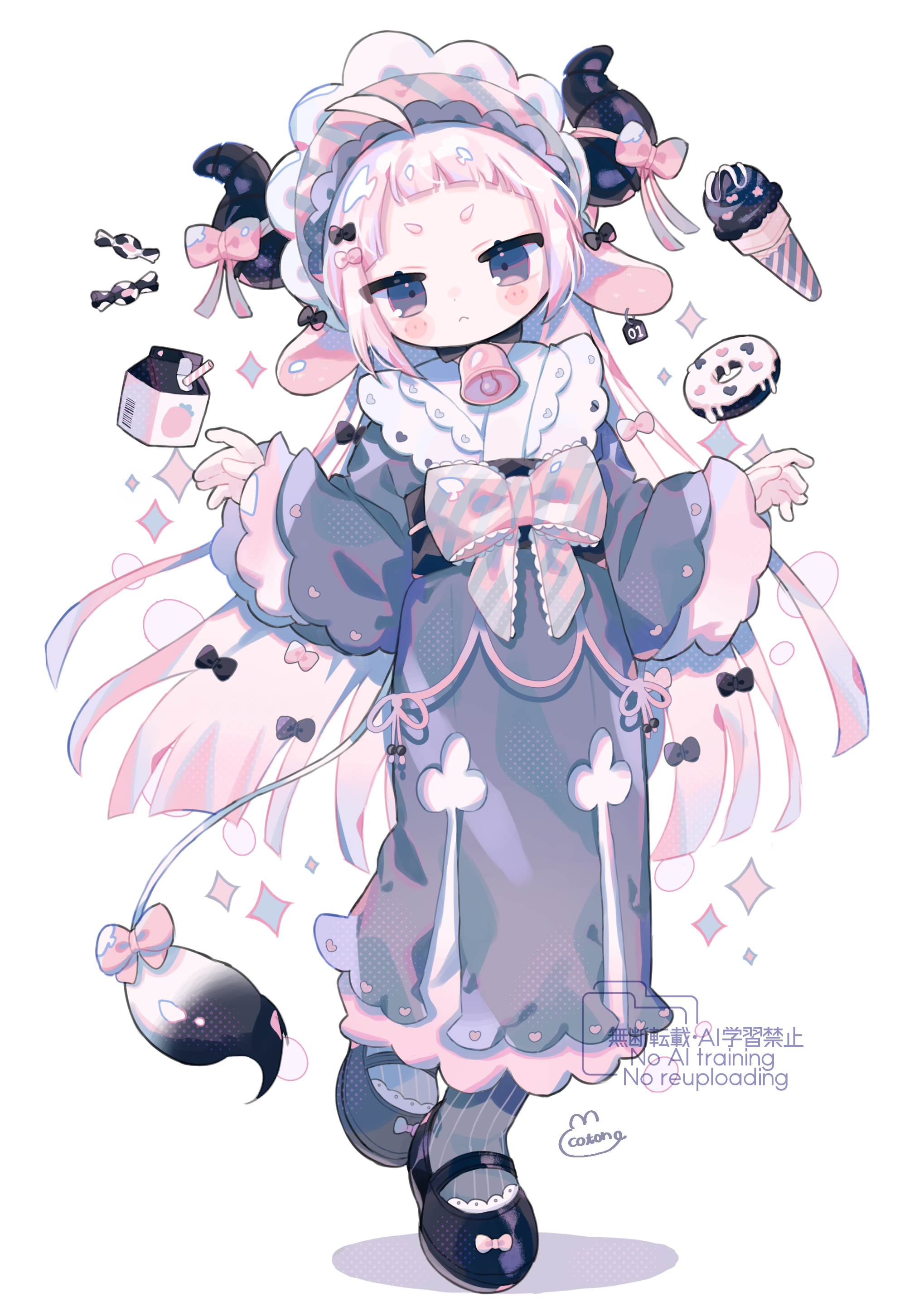 cotono (nazekun), original, absurdres, commentary, highres, symbol-only commentary, 1girl, animal ears, bell, bow, collar, cow ears, cow girl, cow horns, cow tail, cowbell, cupcake, ear tag, food, hair bow, horns, ice cream, ice cream cone, japanese clothes, kimono, long hair, long sleeves, looking at viewer, neck bell, pink bow, pink hair, short eyebrows, solo, sparkle, striped clothes, tail, tail bow, tail ornament, vertical-striped clothes, white background, wide sleeves